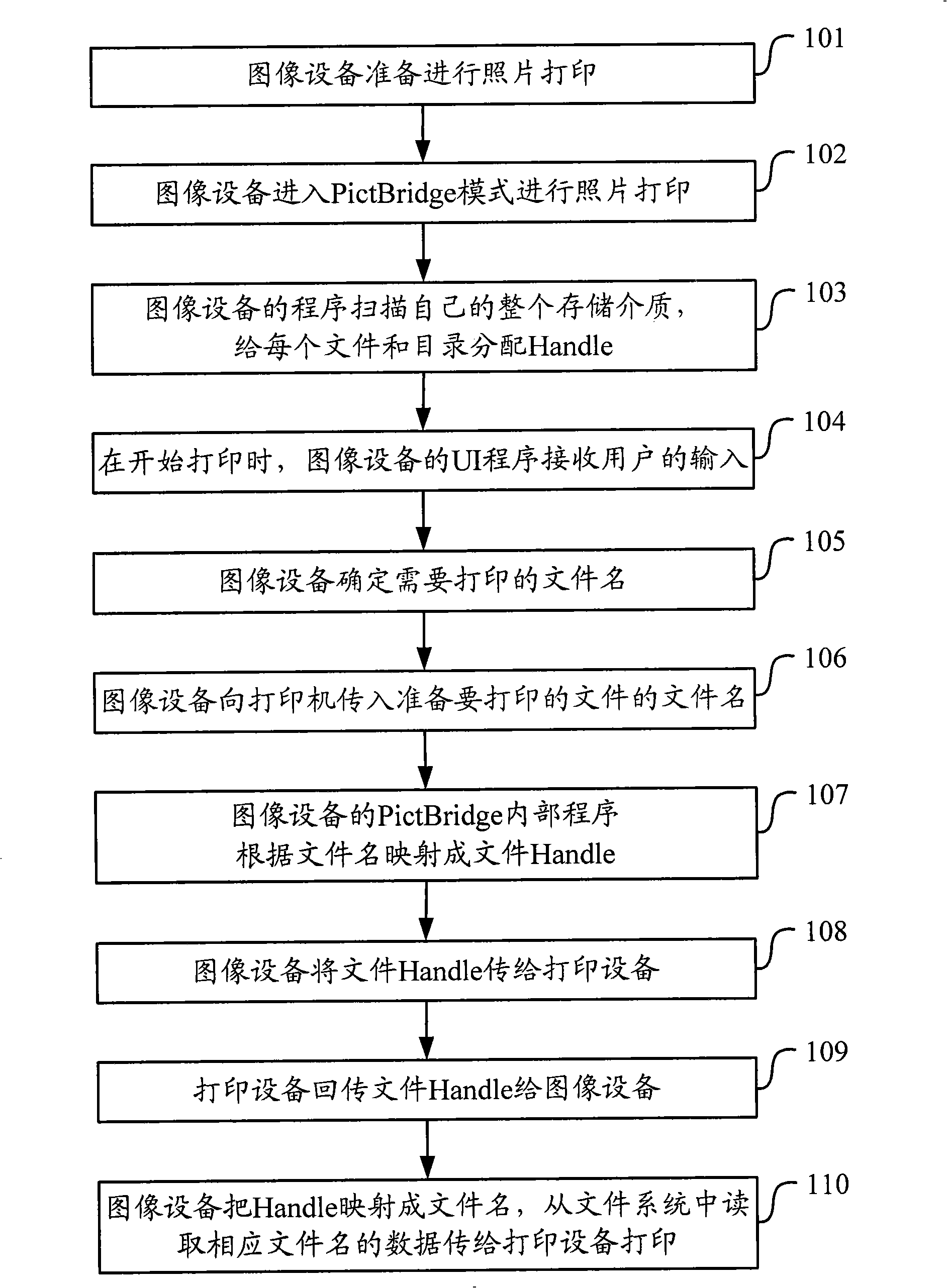 Handle processing method and device under PictBridge standard