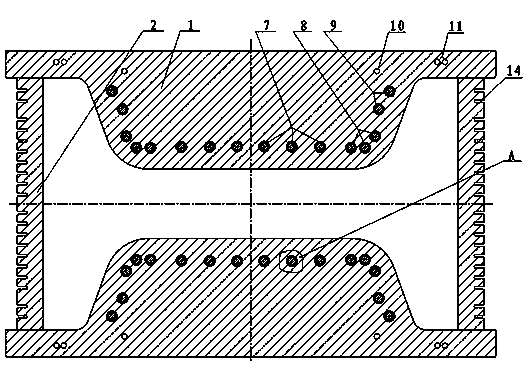 Water cooling channel for large beam blank continuous casting crystallizer