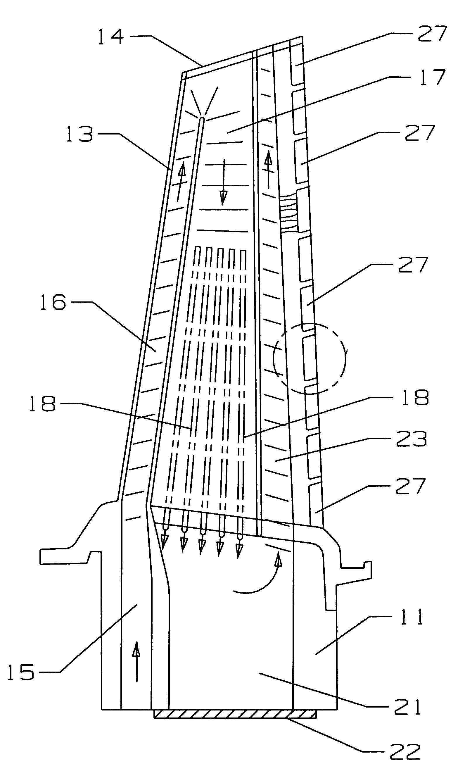 Large tapered rotor blade with near wall cooling