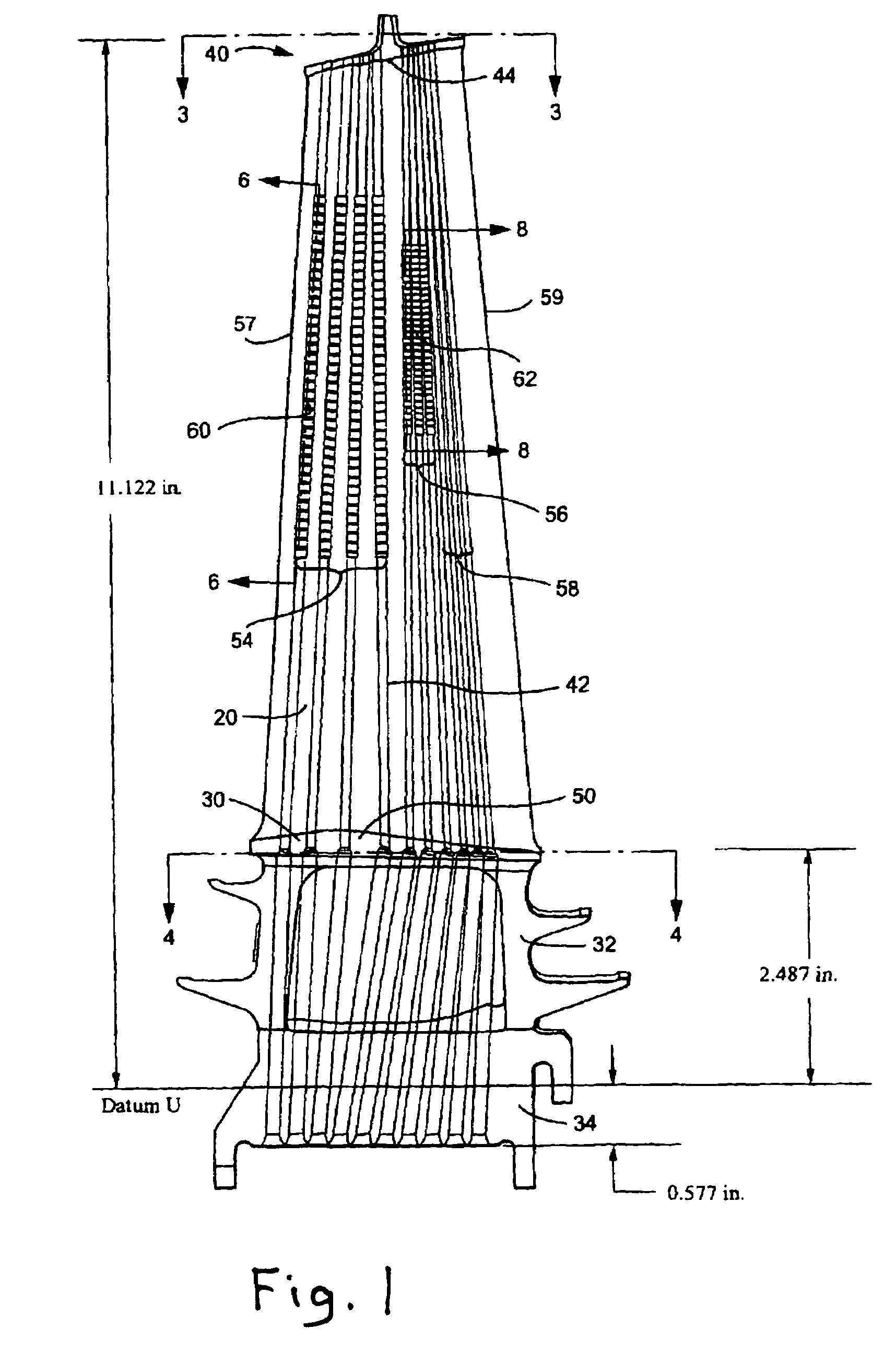 Large tapered rotor blade with near wall cooling