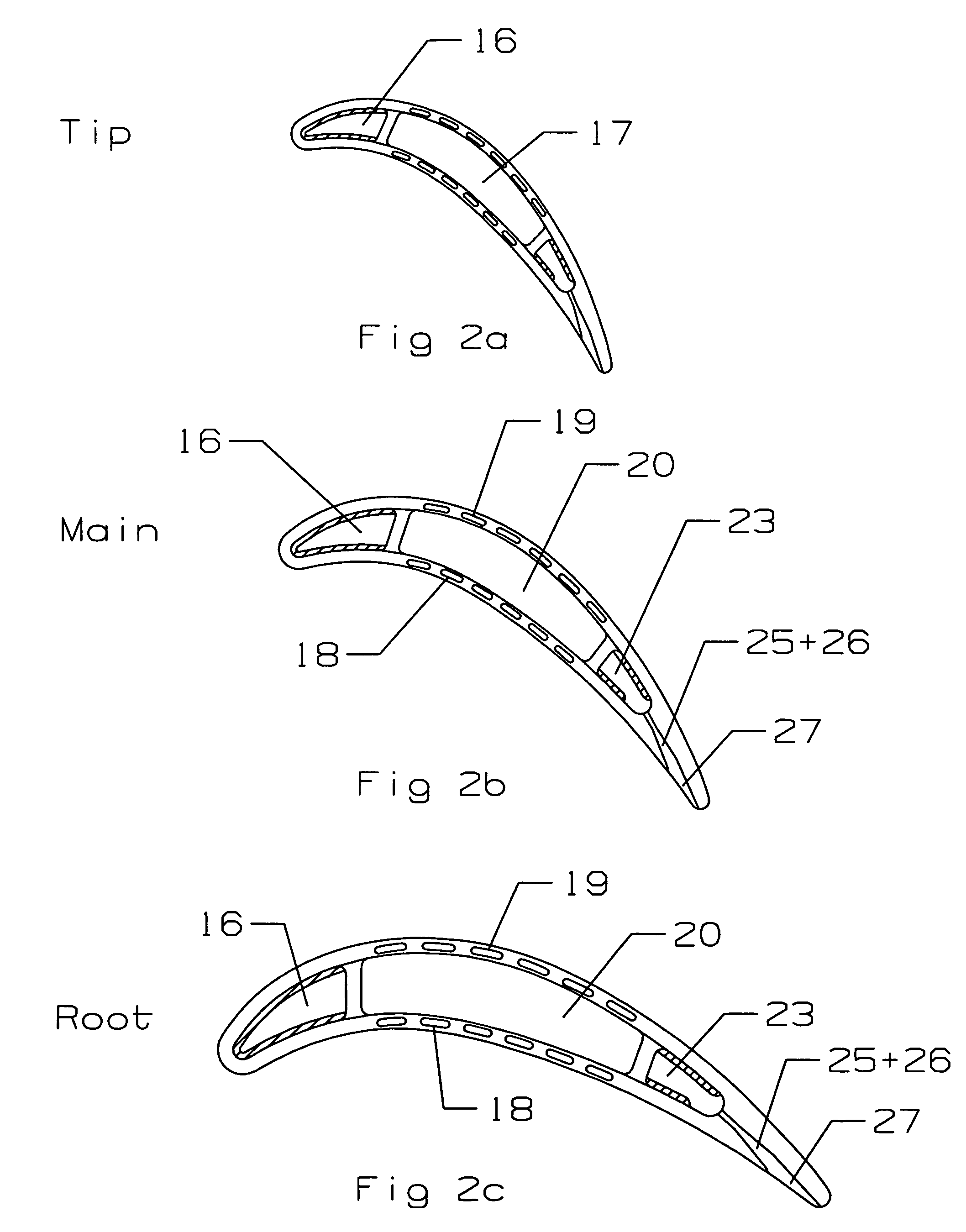 Large tapered rotor blade with near wall cooling