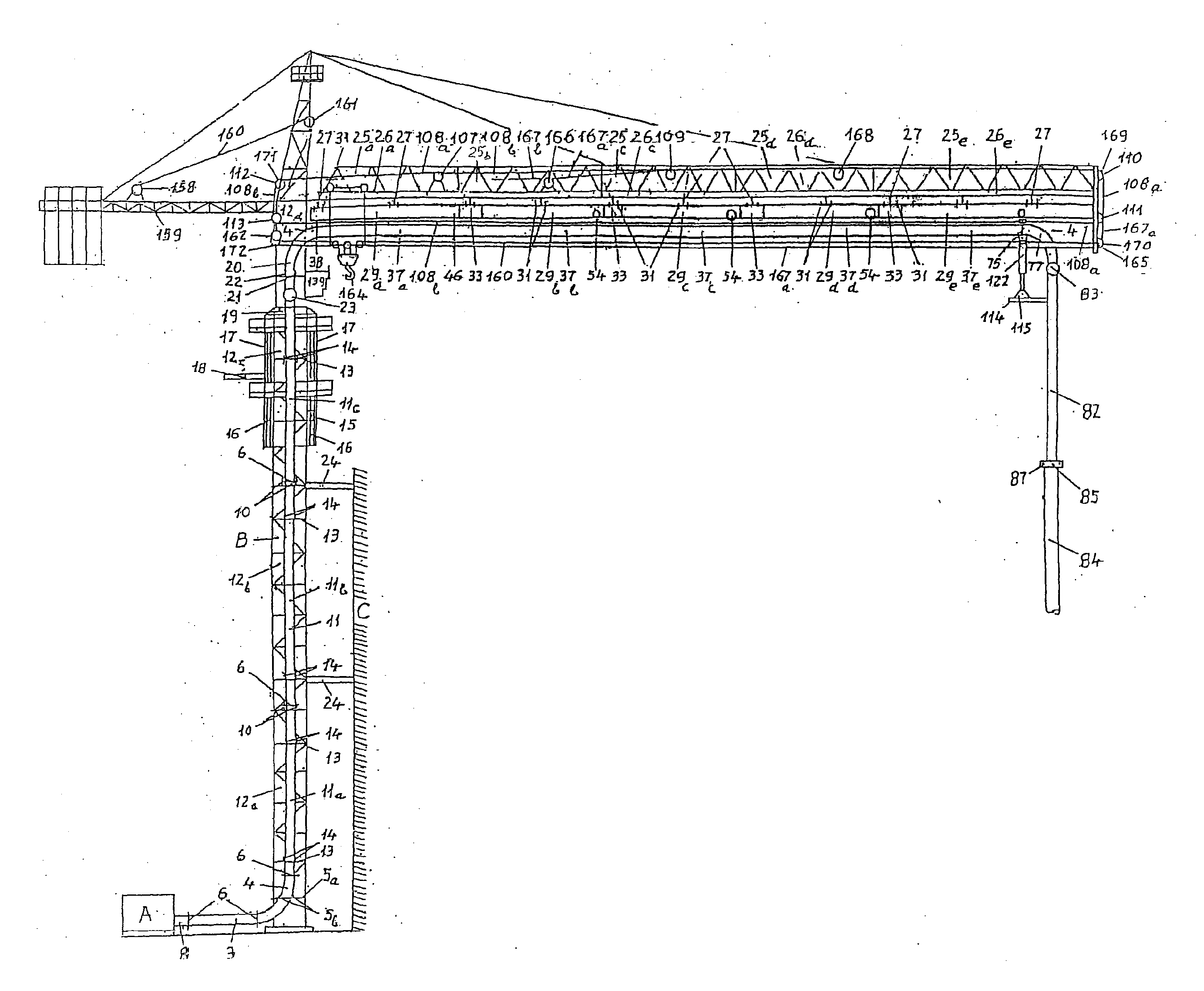 Combination of concrete spreader and crane tower