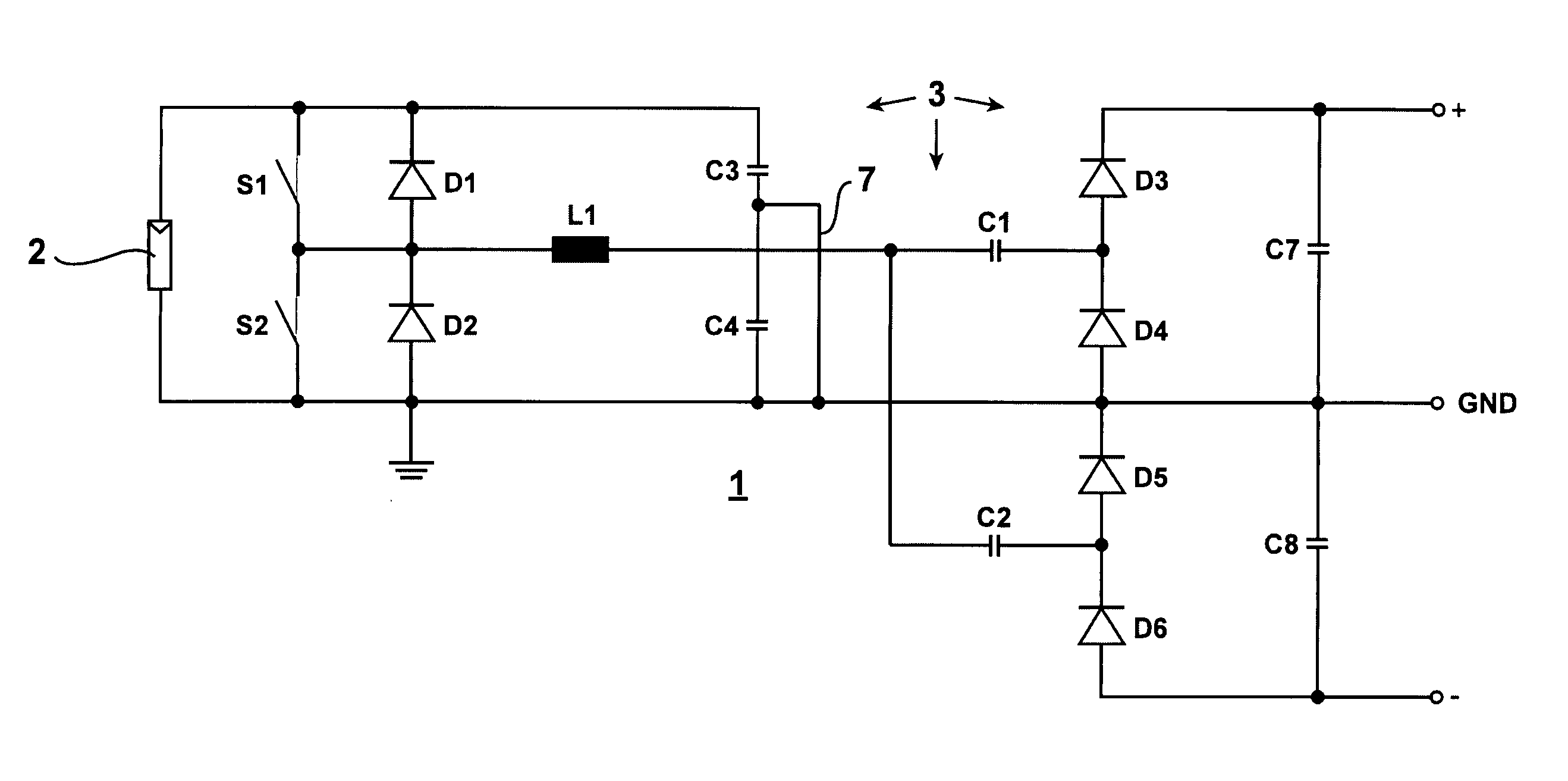 Inverter for grounded direct current source, more specifically for a photovoltaic generator