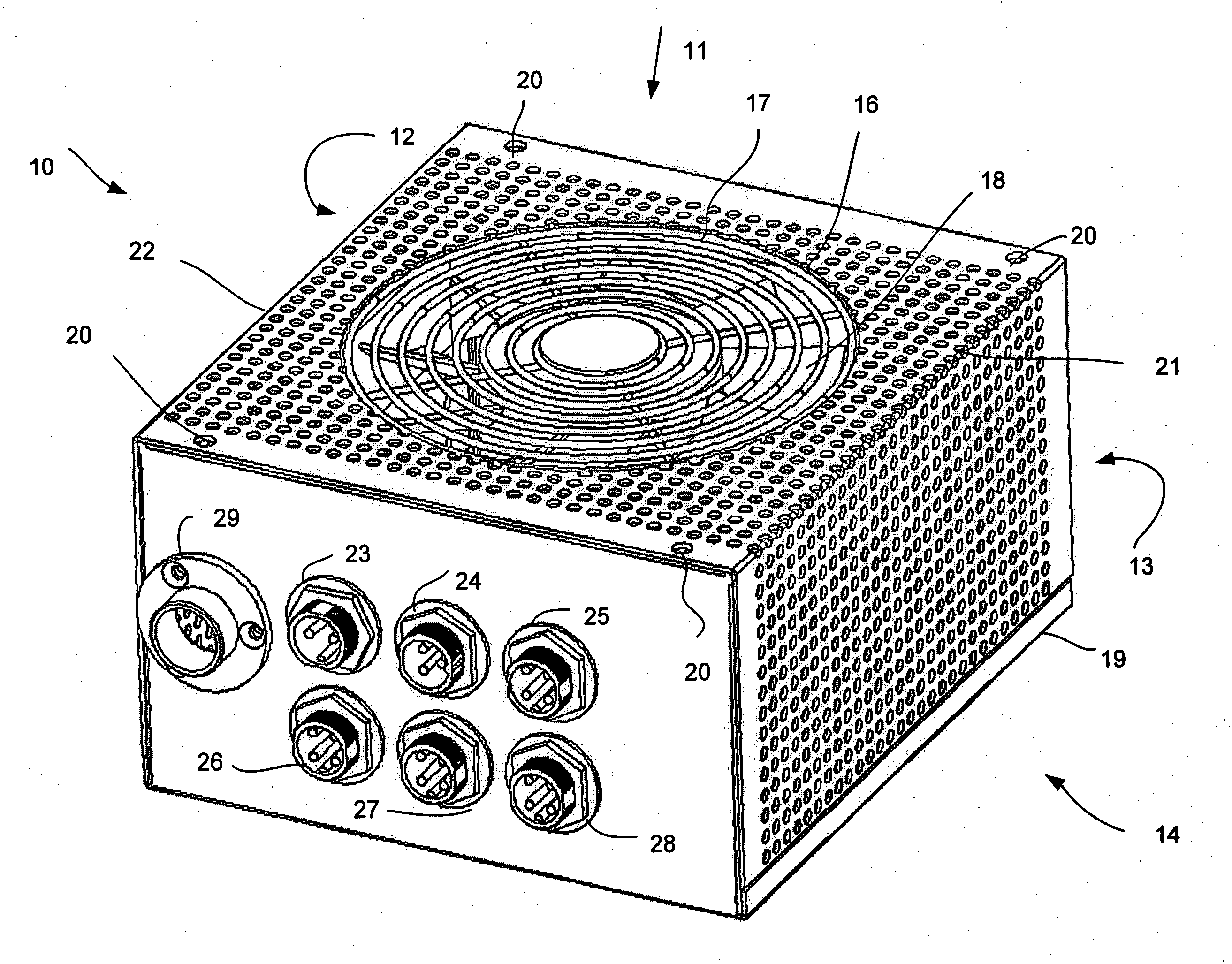 Power supply unit with perforated housing