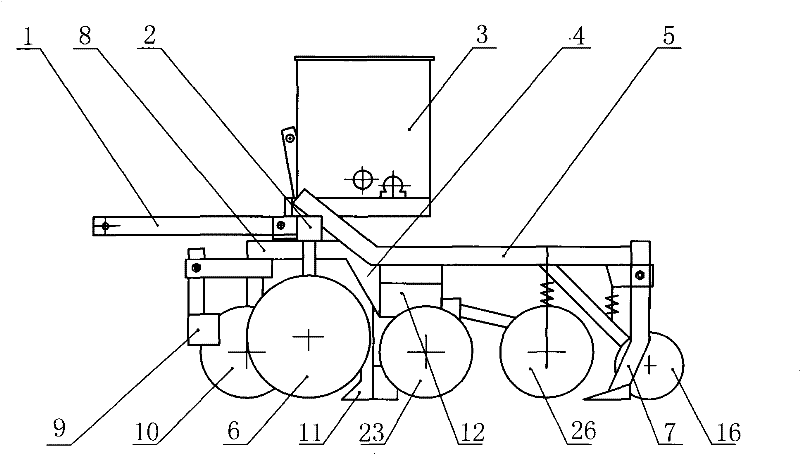 Double-disk one-ruler type soybean ridge three-row precise hill-drop planter