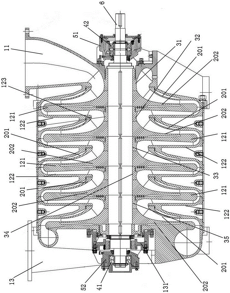 Three-dimensional flow centrifugal blower with low-speed multistage vertical split cylinder structure