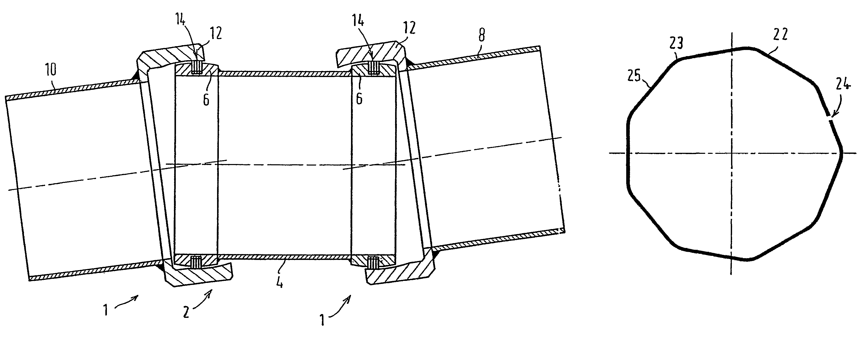 Axial and radial play and angle compensation of a tolerating pipe connection