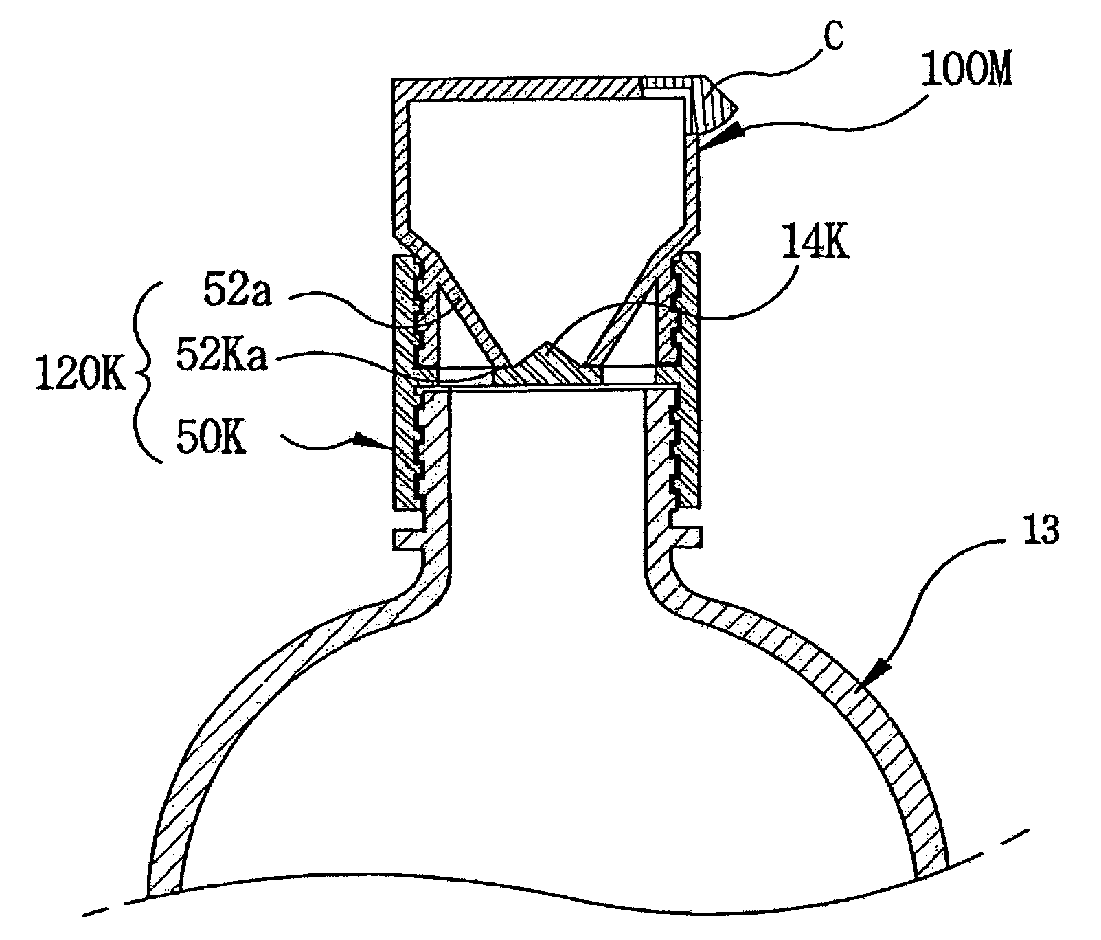 Cap device for mixing different kinds of materials separately contained therein and in bottle