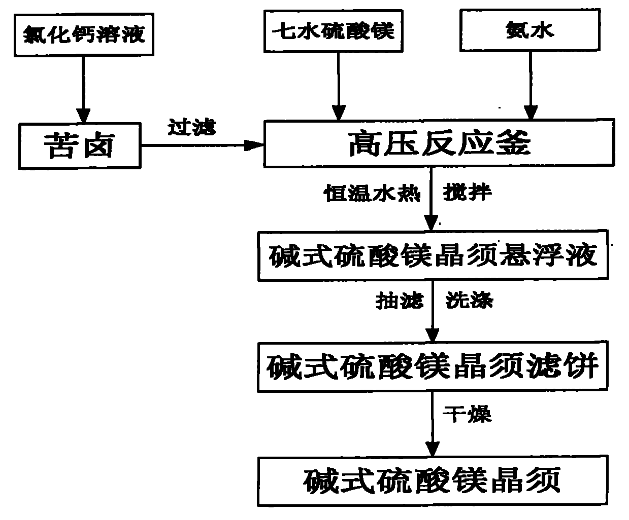 Method for directly synthesizing basic magnesium sulfate whiskers by brine