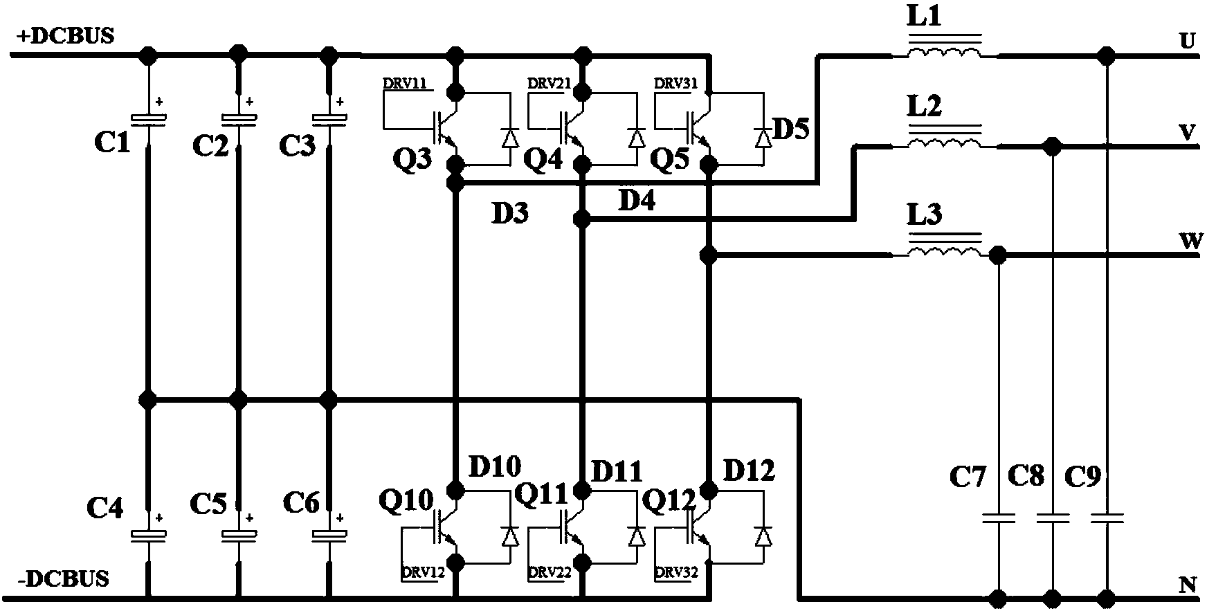 Three-level three-phase half-bridge inverter circuit