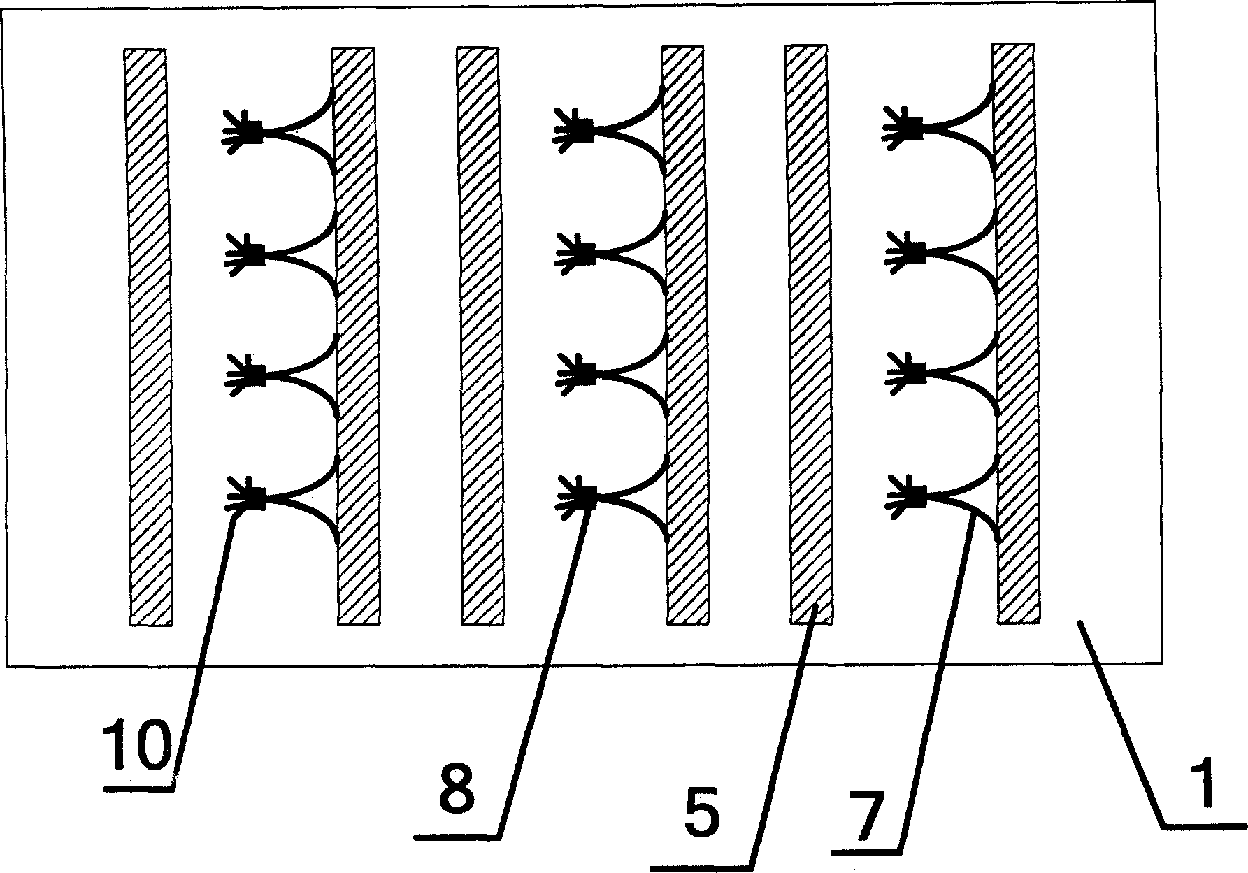 Transversing cathode emitting structural panel display device and its production technique