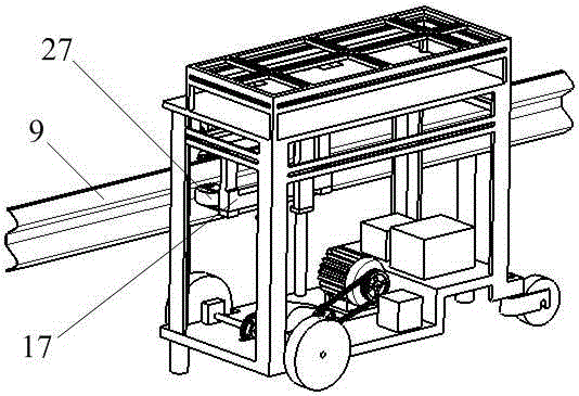 Self-propelled type work platform with corrugated beam barrier of highway as guide rail and obstacle crossing function