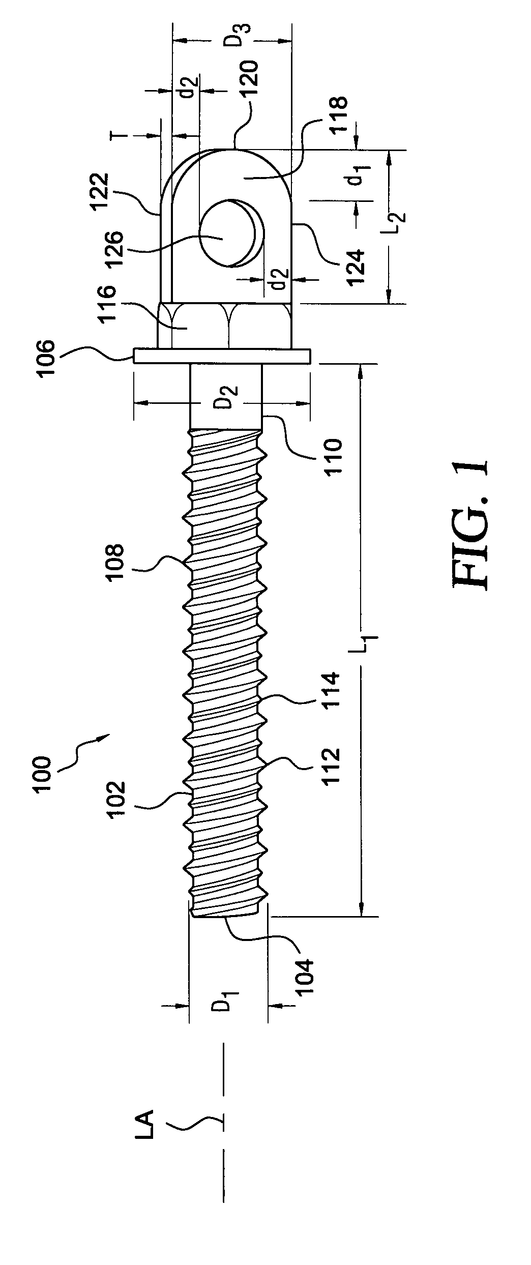 Threaded anchor having a head portion comprising a hexagonally configured drive section, and an integral projection having a transverse bore formed therein