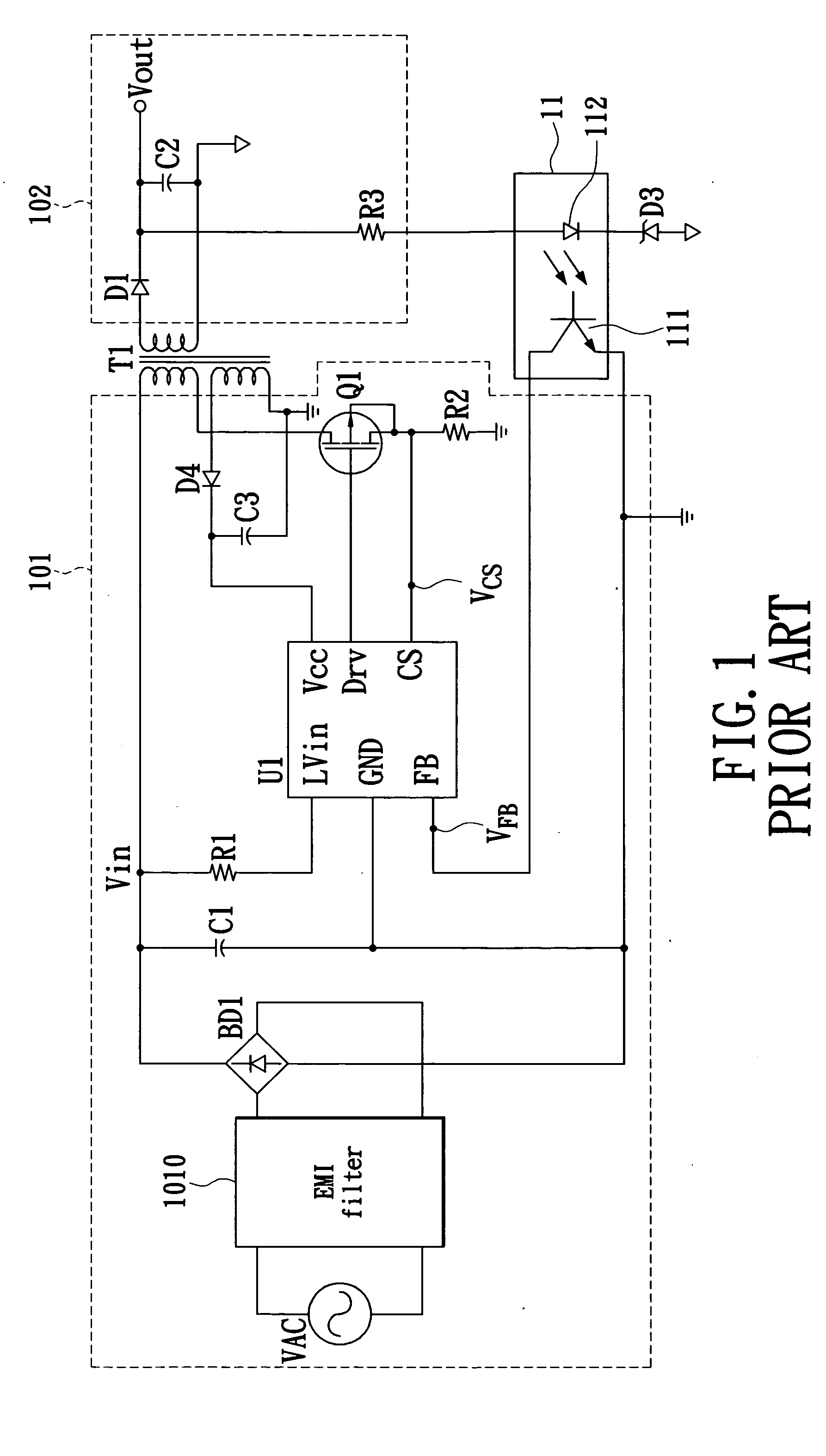 Pulse width modulation device with a power saving mode controlled by an output voltage feedback hysteresis circuit