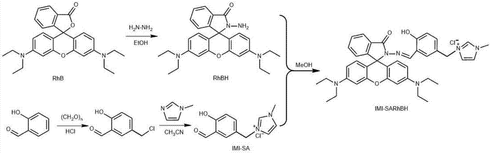 Water-soluble Rhodamine-based ion liquid probe for selectively distinguishing and identifying bimetallic ions and preparation method and application