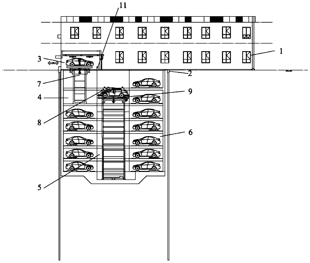 Stereo garage constructed below existing building in storey-adding mode