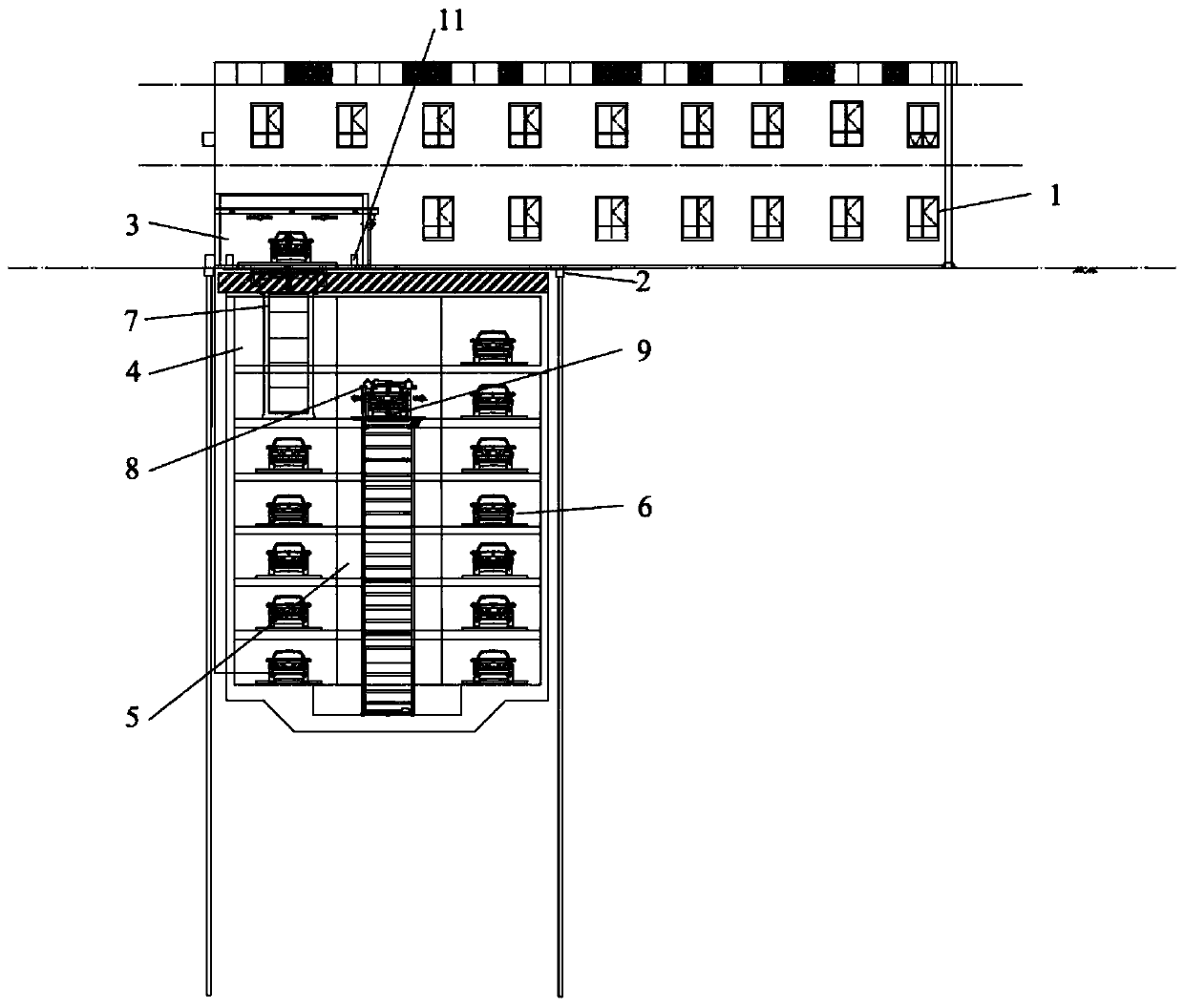 Stereo garage constructed below existing building in storey-adding mode