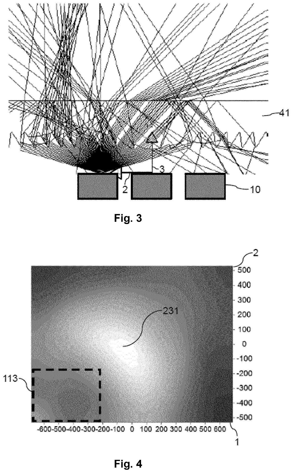 Array with light emitting diodes and varying lens