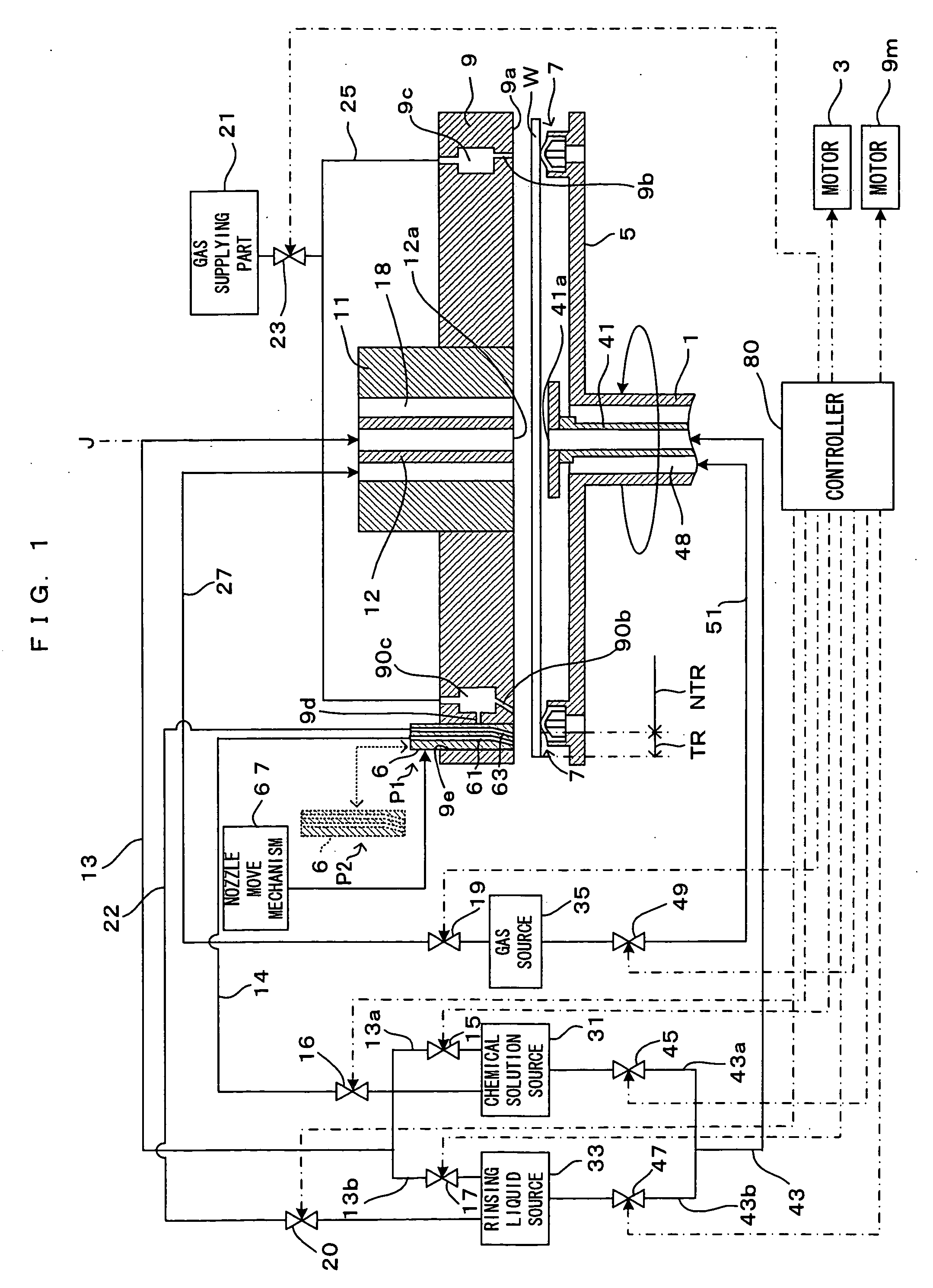 Apparatus for and method of processing a substrate with processing liquid