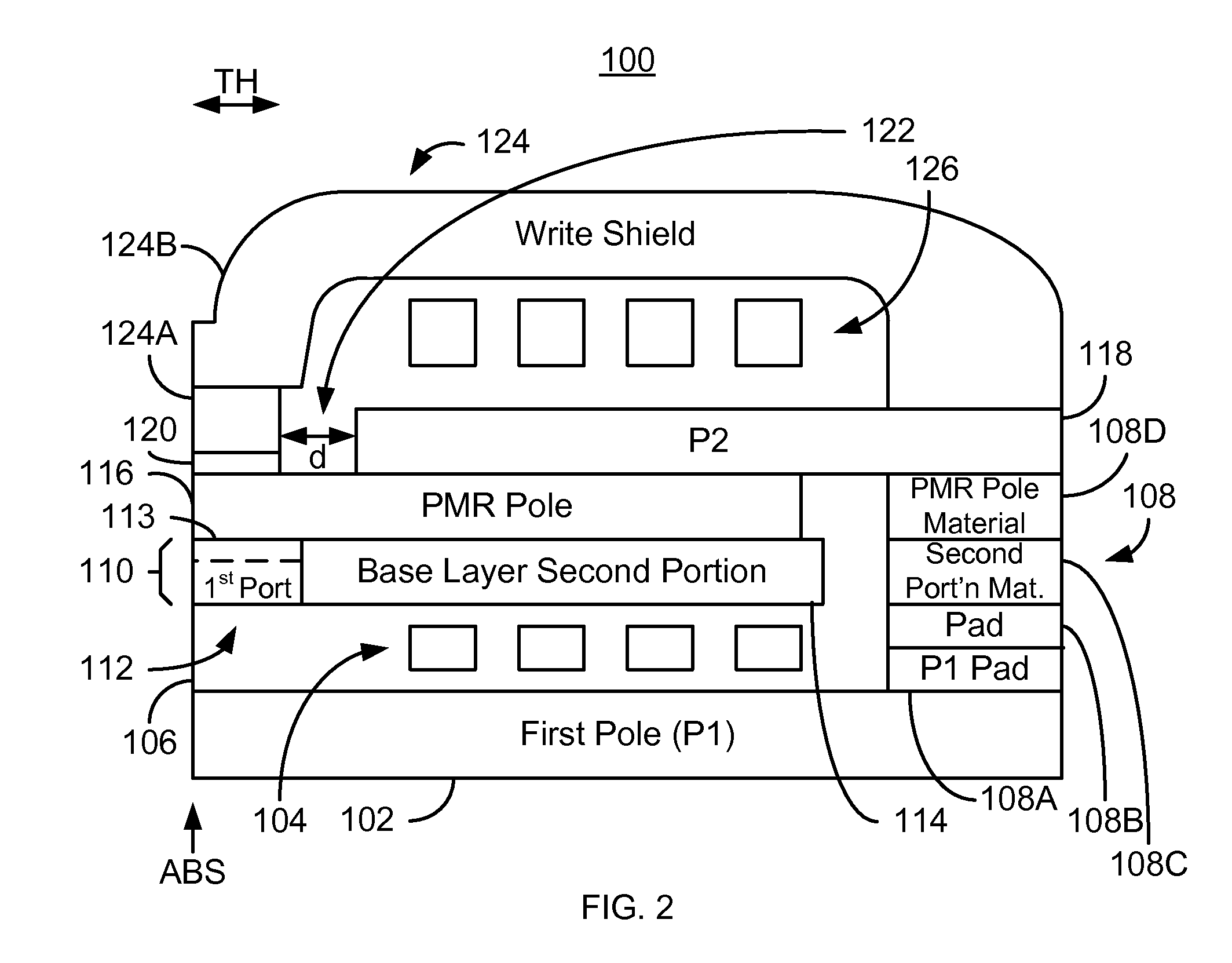 Perpendicular magnetic recording head having a recessed magnetic base layer