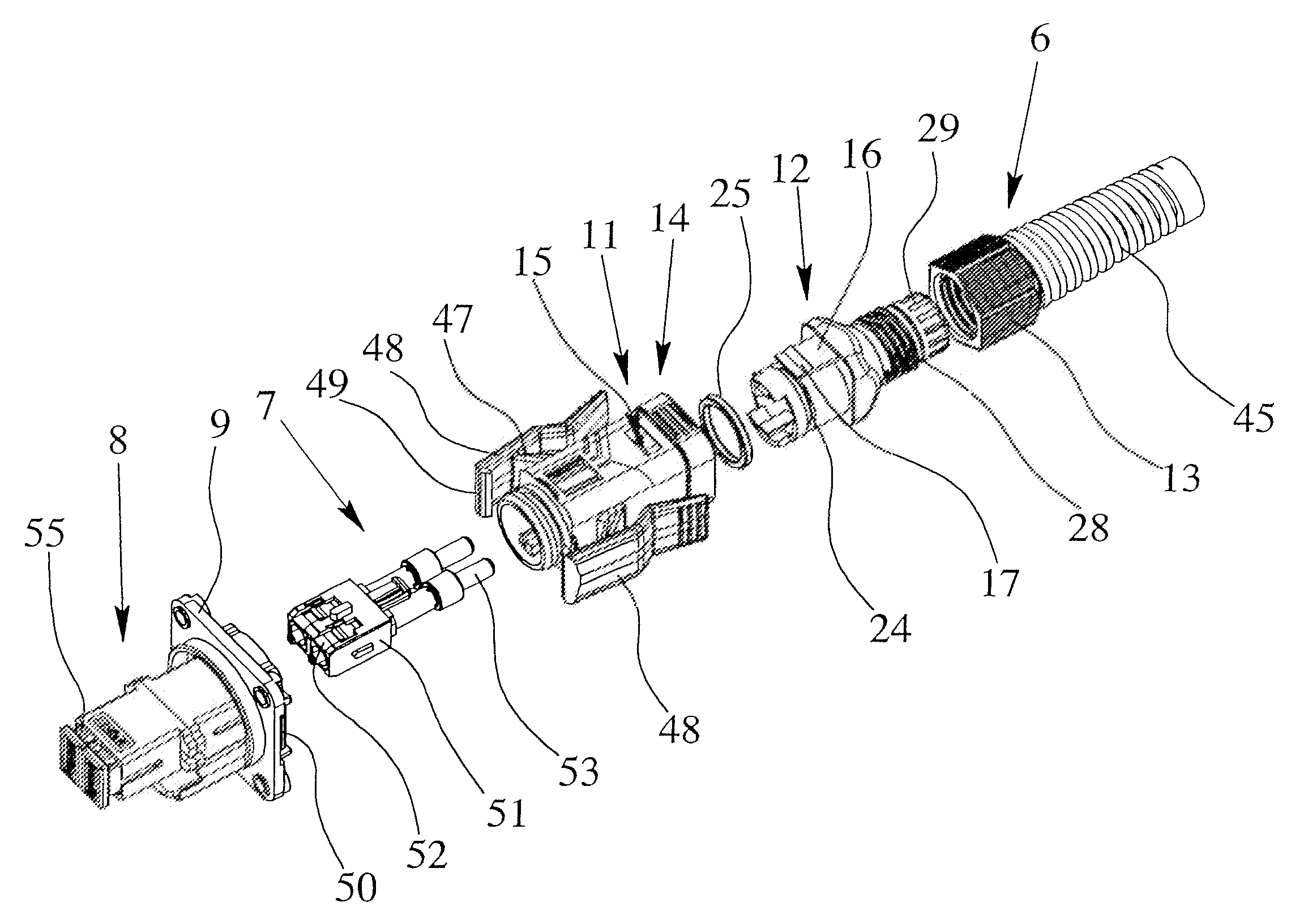 Connection device with a cable gland having housing parts enabling relative movement therebetween