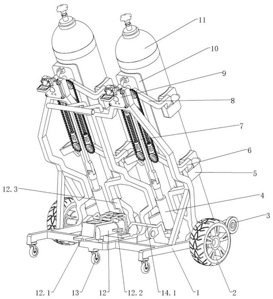 Duplex medical oxygen bottle carrier operated by one person