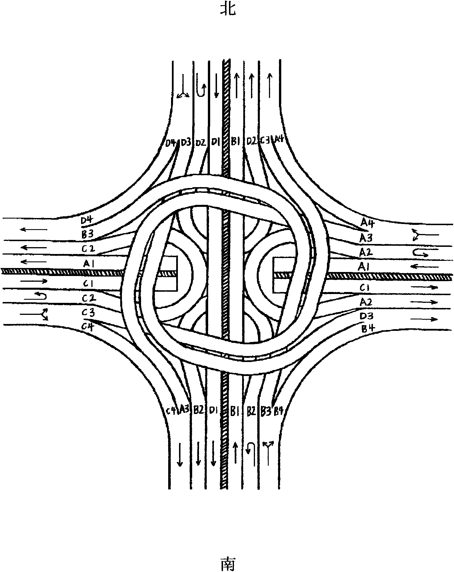 Symmetrical type full-interchange cross overpass with pedestrian-vehicle separation