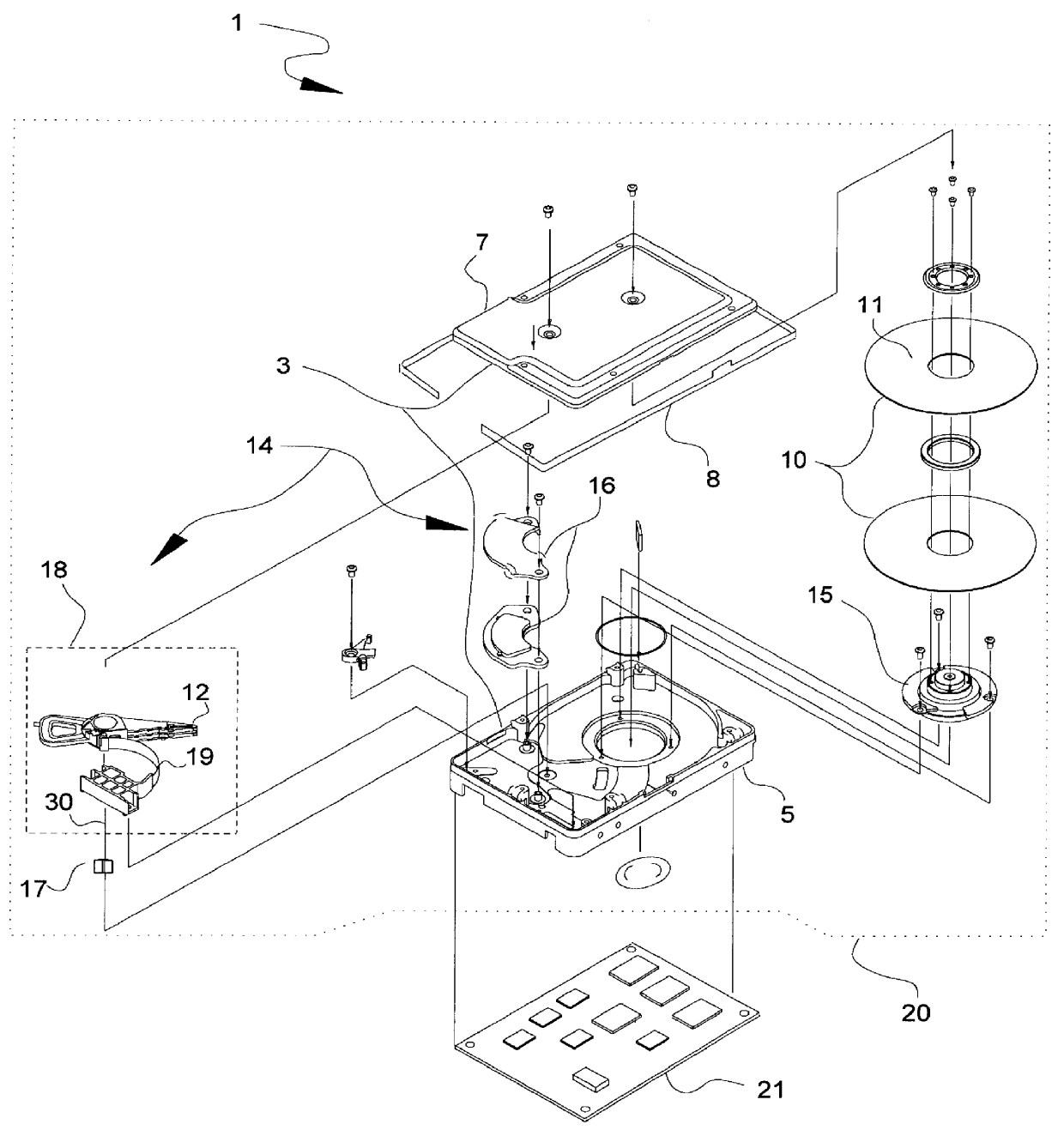 Disk drive having a pivot assembly which defines a knife edge facing in a direction perpendicular to the longitudinal axis of an actuator arm