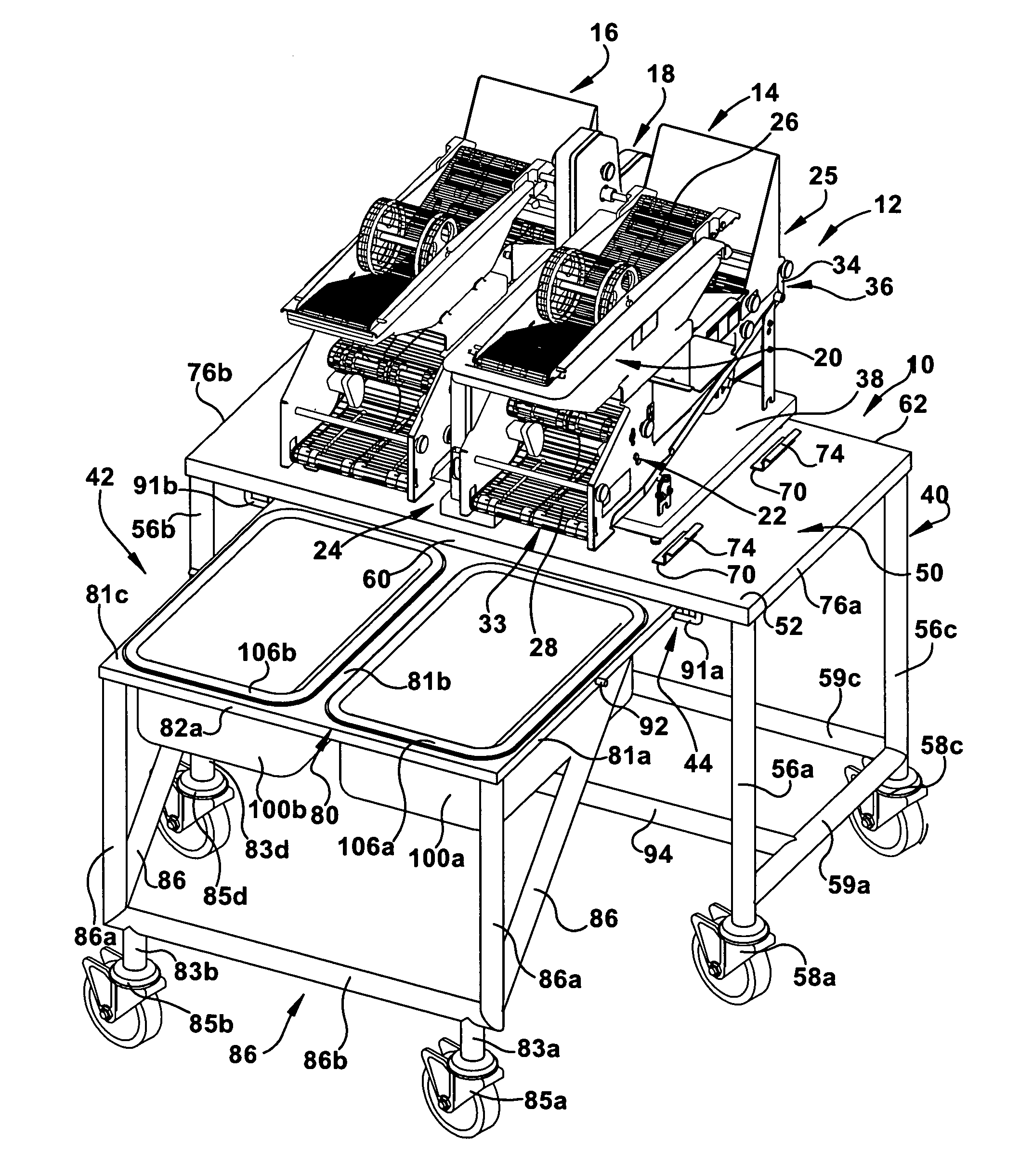 Support table assembly for food product breading machine