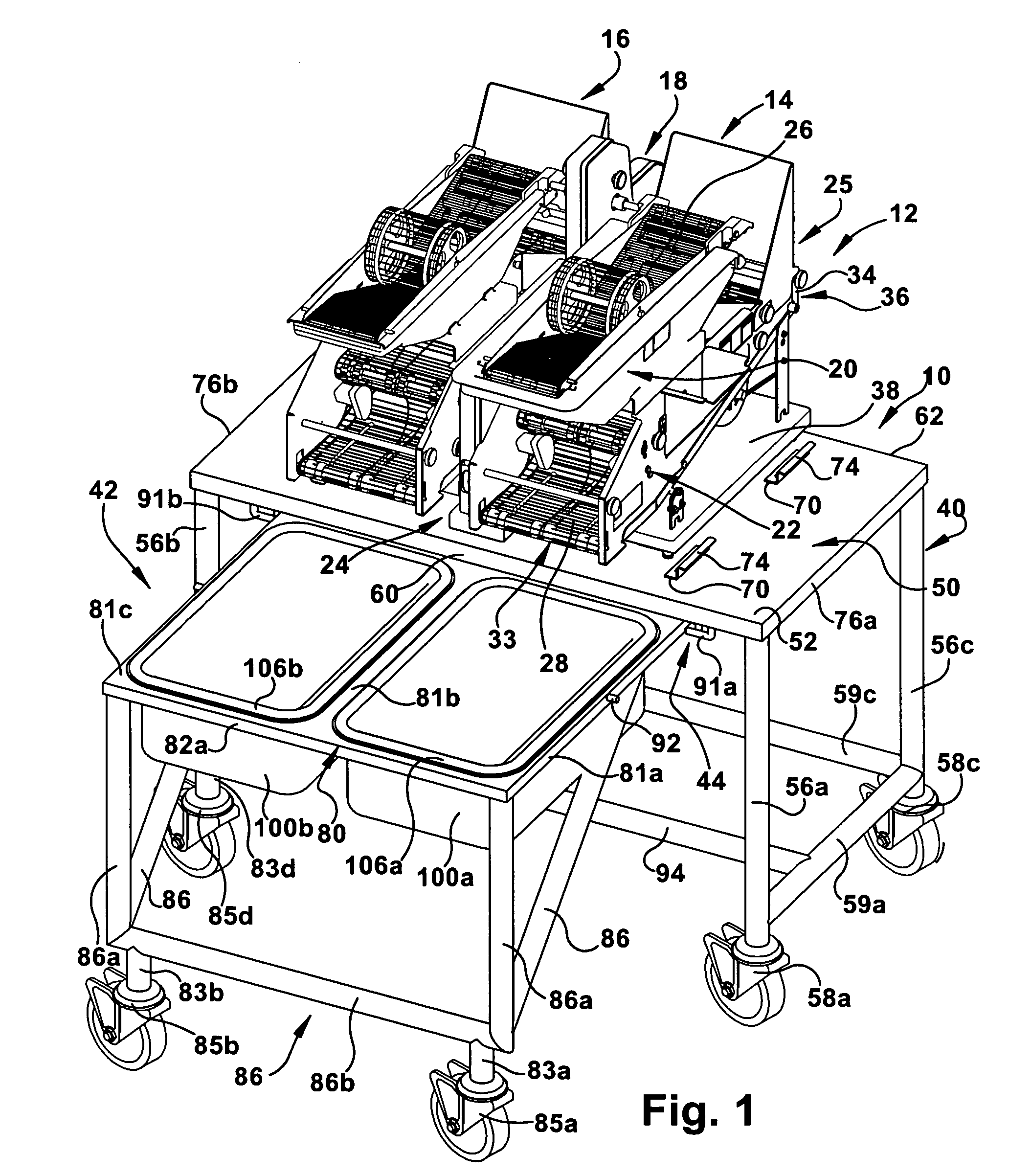 Support table assembly for food product breading machine