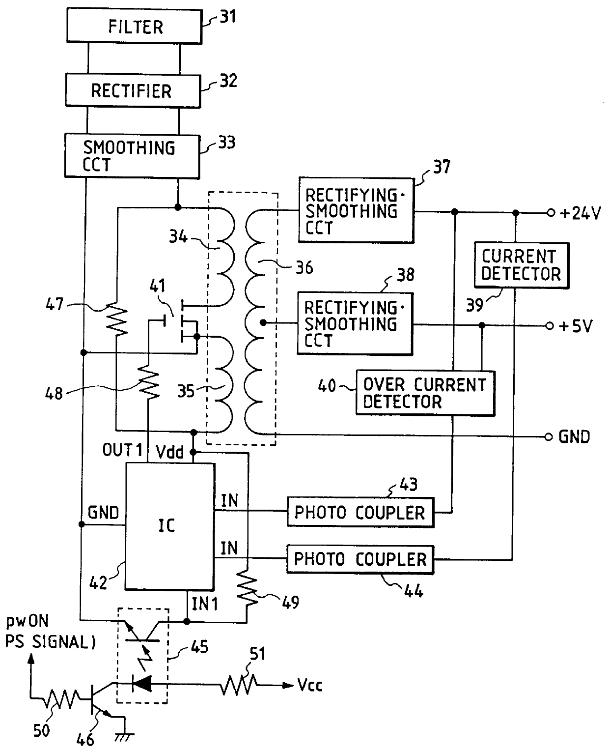 Facsimile machine for controlling a power supply in consonance with a detected call signal