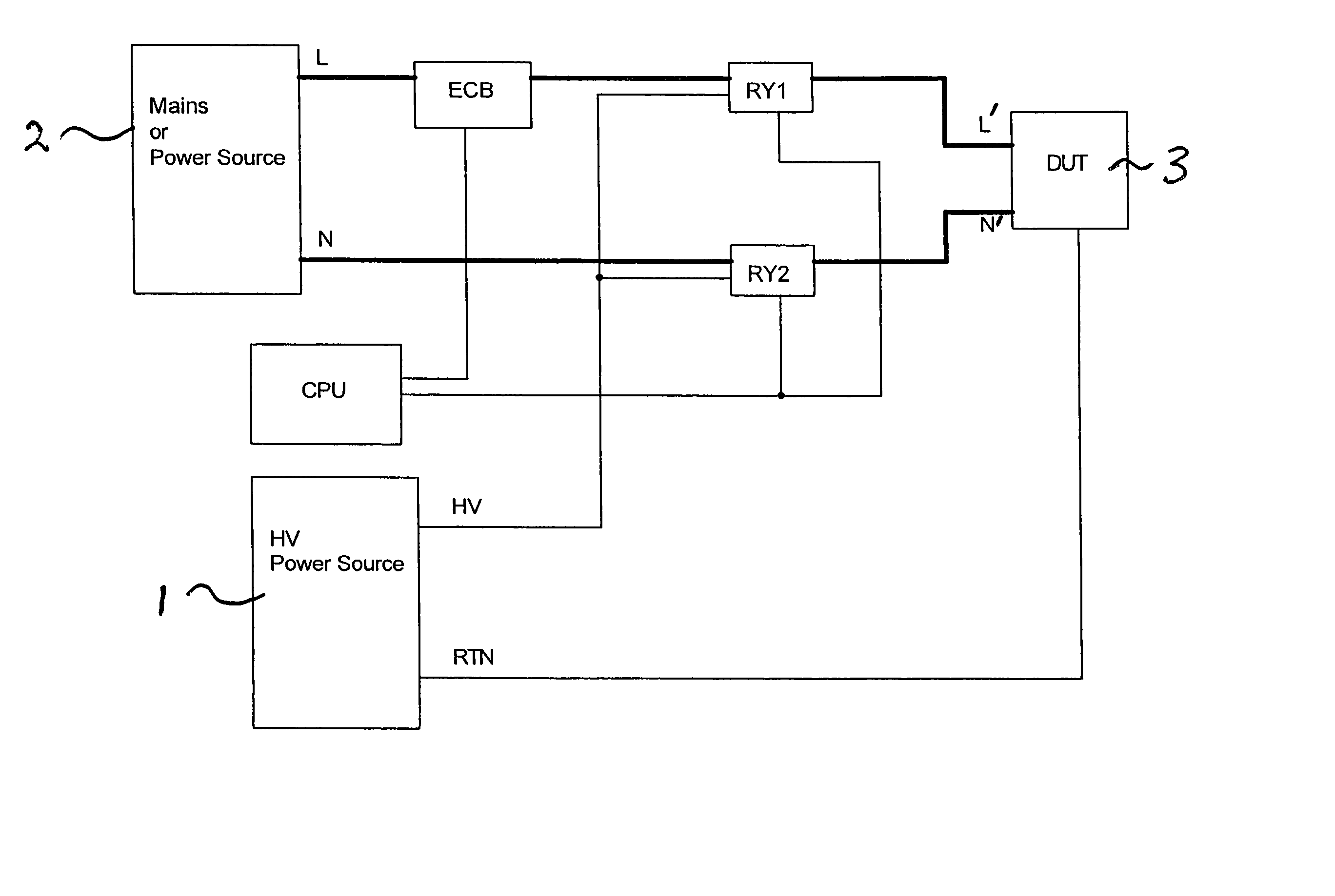 Safety tester having a high-voltage switching relay protected by an in-line electronic circuit breaker