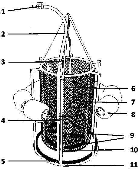 Inflatable water-replaceable net cage device for shellfish larvae and use method thereof