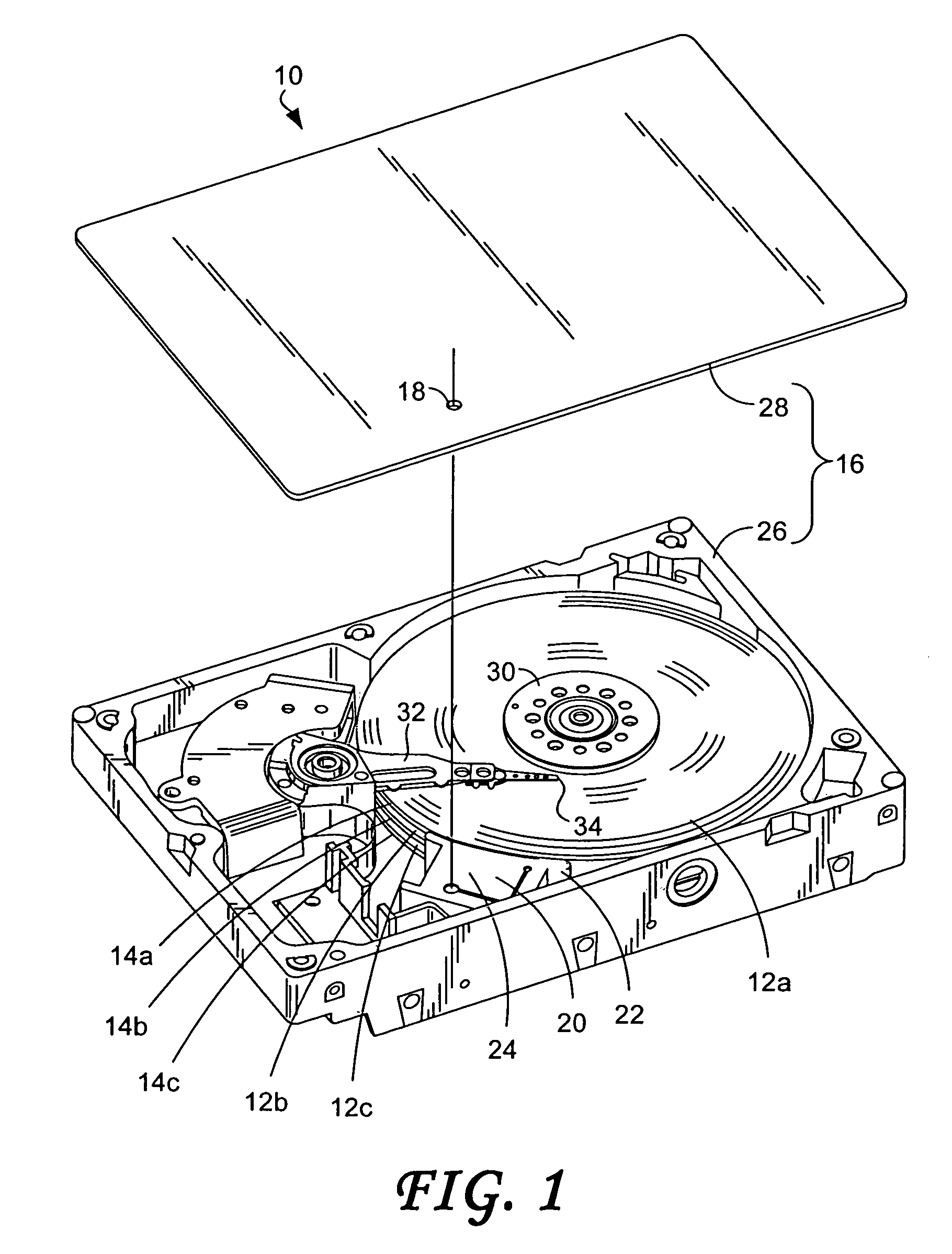 Disk drive having a disk drive component adhered to the disk drive housing via an adhesive assembly having a leveling layer