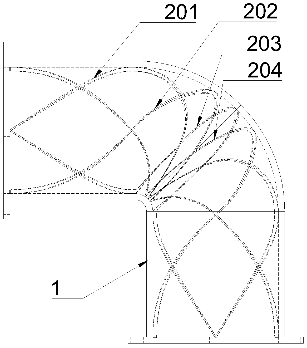 Bent pipe with inner spiral fins on near wall surface