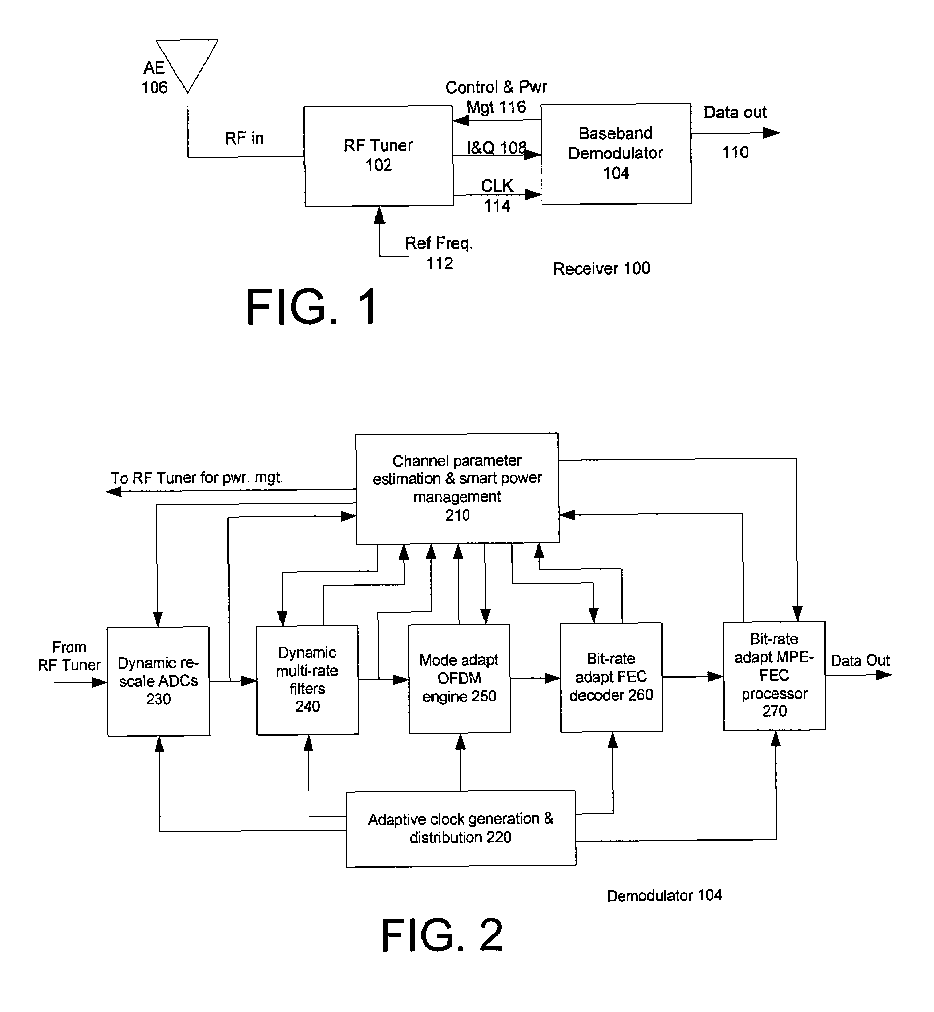 Power management in digital receivers that adjusts at least one a of clock rate and a bit width based on received signal