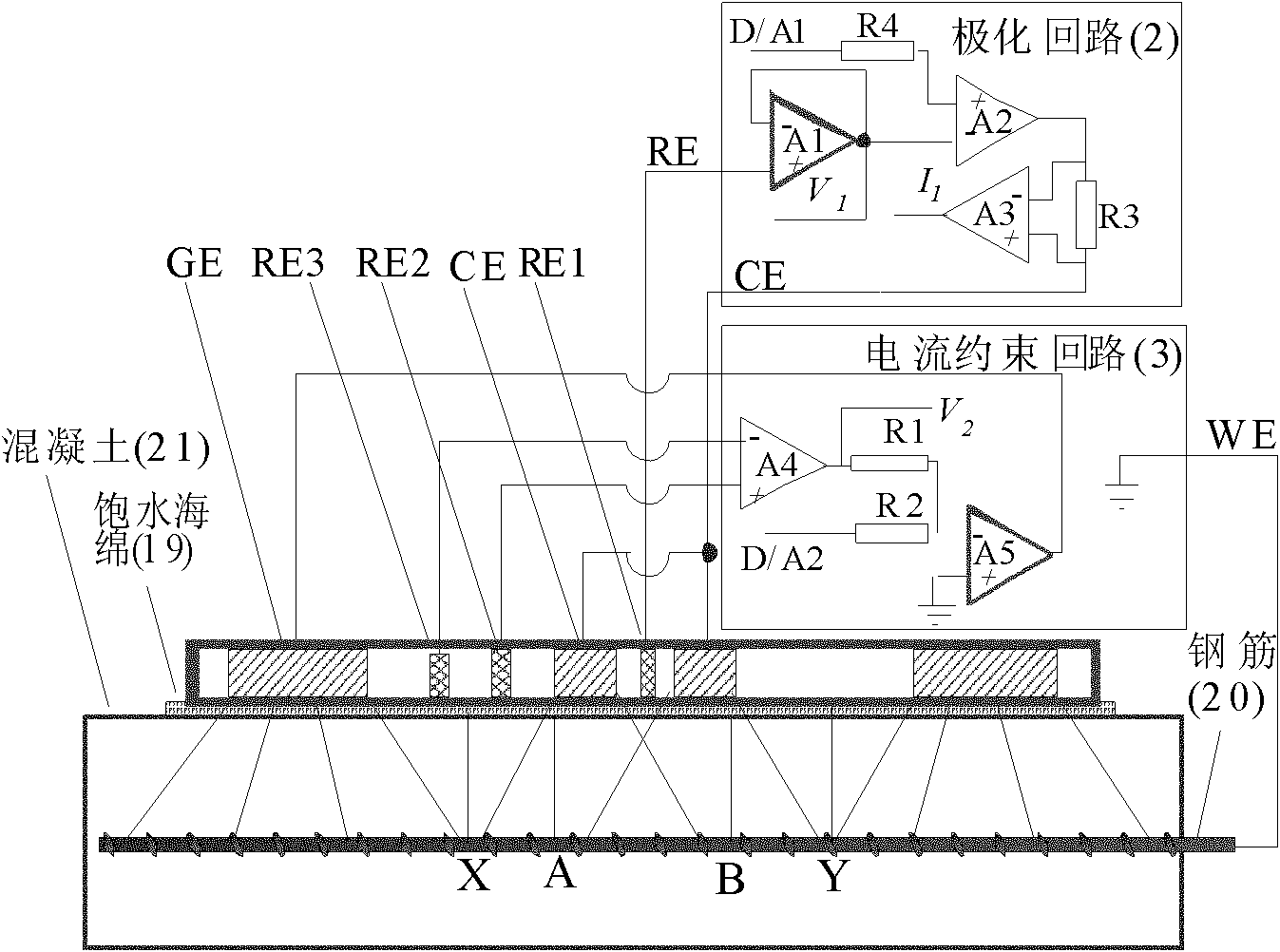 On-line corrosion detector for reinforced concrete and method thereof