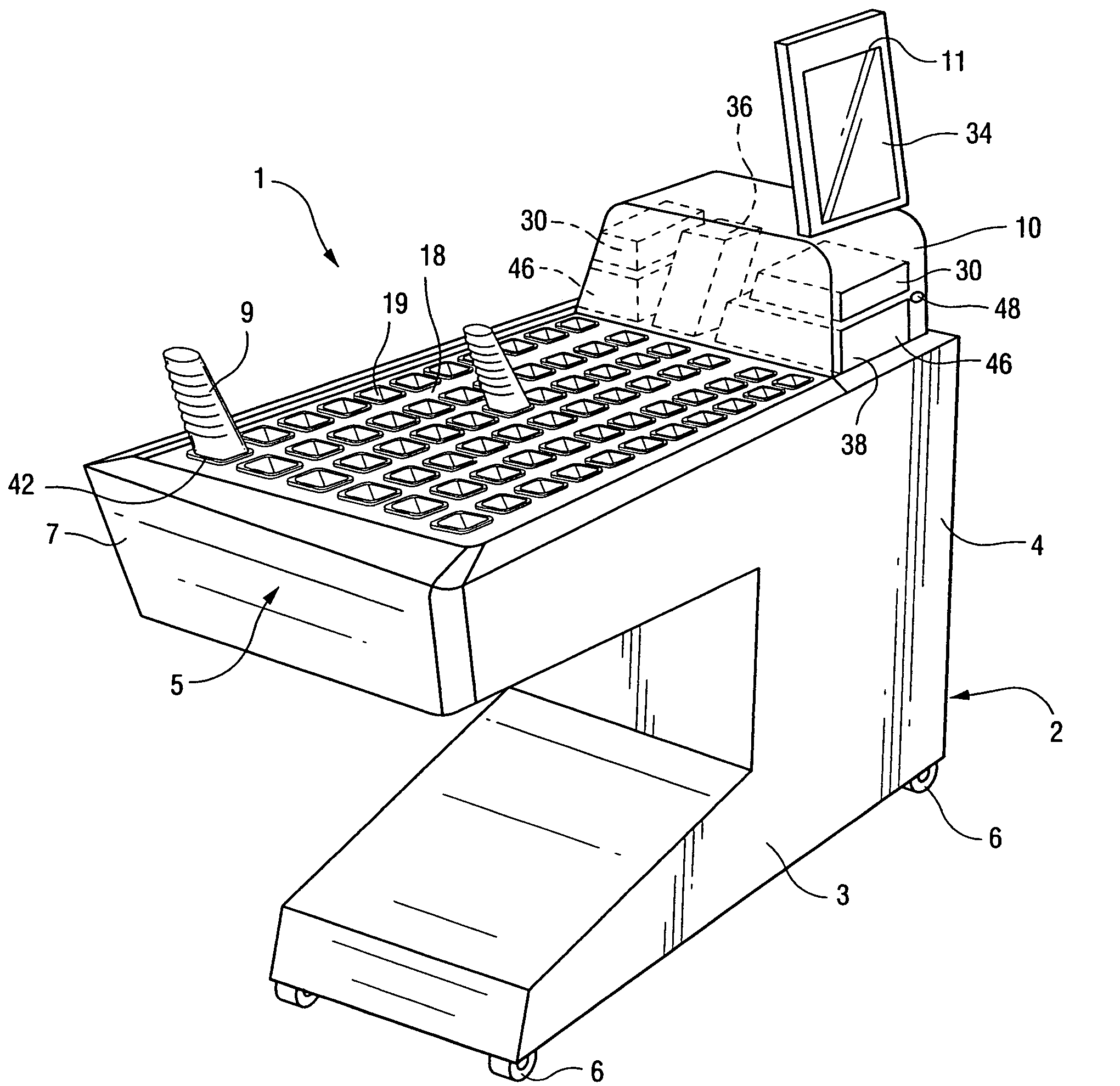 Dispensing device of portable terminals for acquiring product data in a shopping centre, integrated system for dispensing said portable terminals, and integrated system for selling products through the use of portable terminals