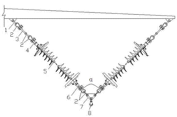 Composite insulator V-shaped overhung string for overhead transmission line