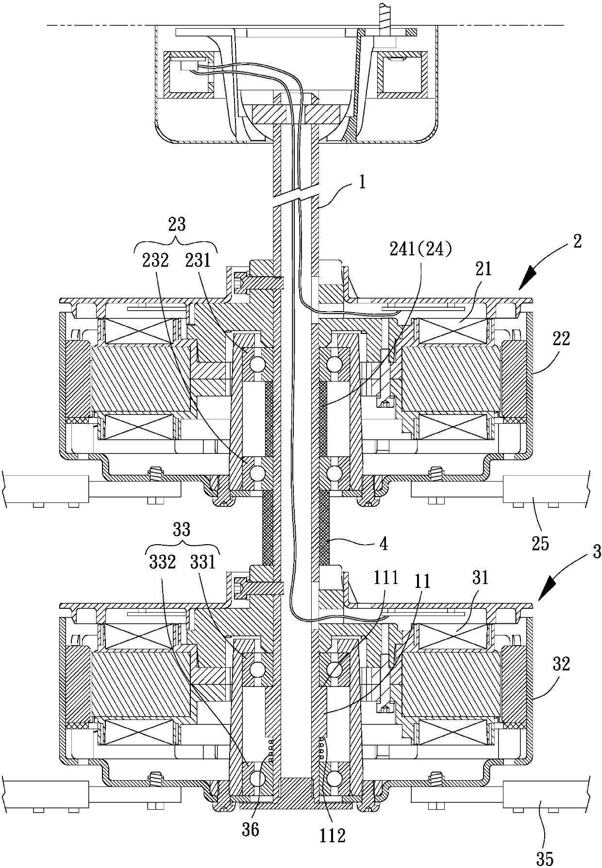 Coaxial dual ceiling fan device