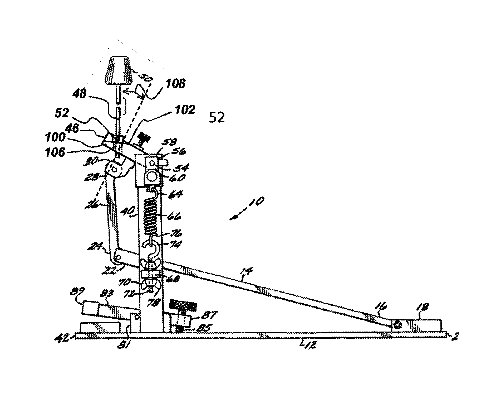 Beater bracket and variable drive lever system with variable pivot point spring rotor for bass drum foot pedals