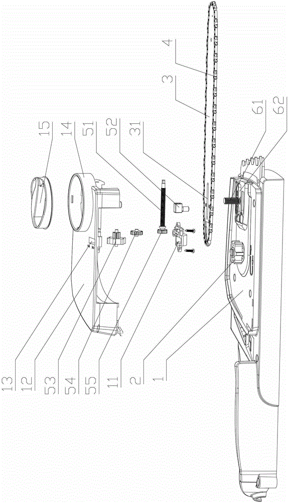 An electric chain saw chain tension adjustment device