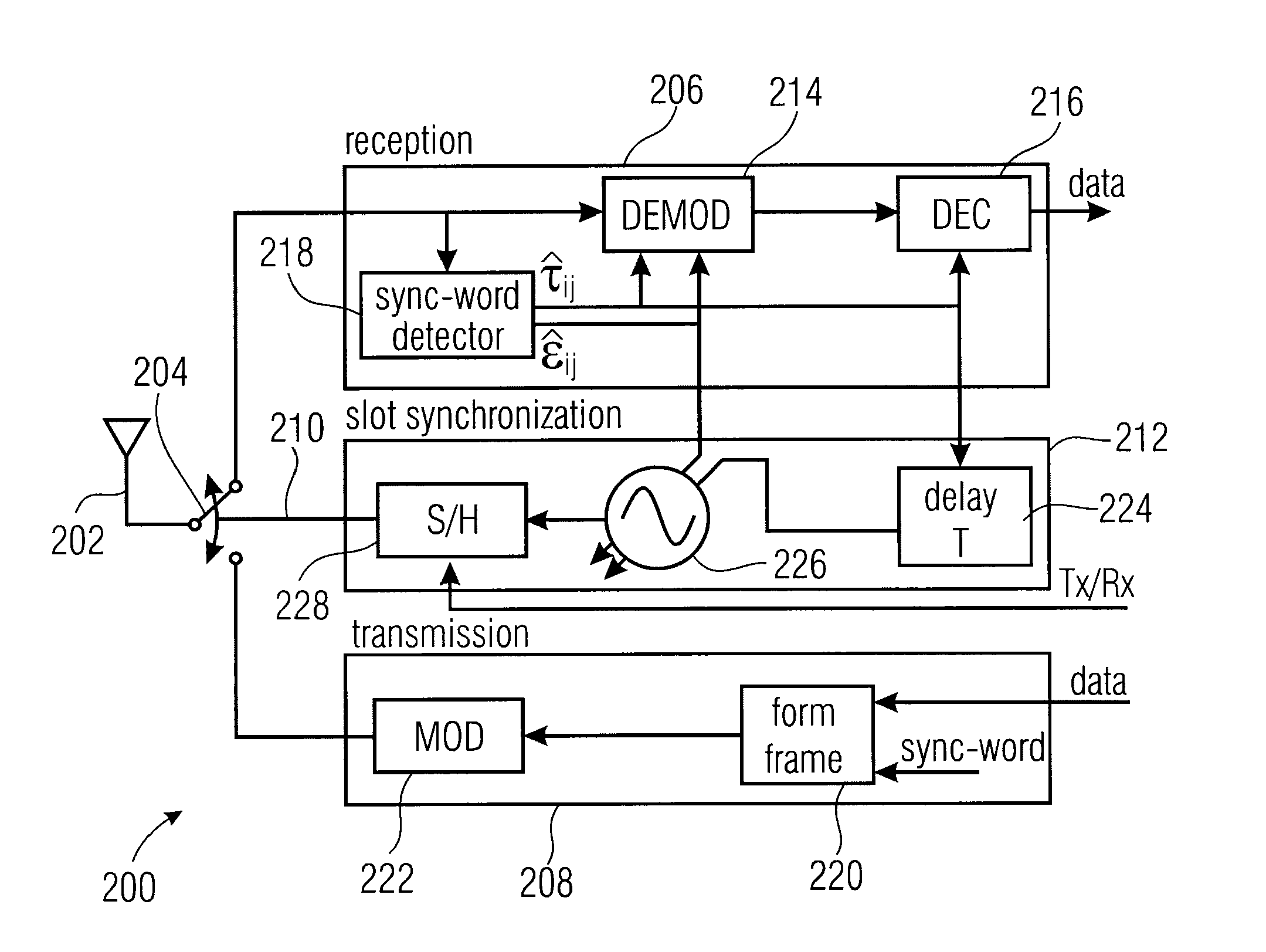 Node in a wireless system and method for time and frequency synchronizing nodes in a wireless system