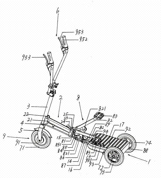 Rapid and foldable push type convenient three-wheeled electric pedal bicycle