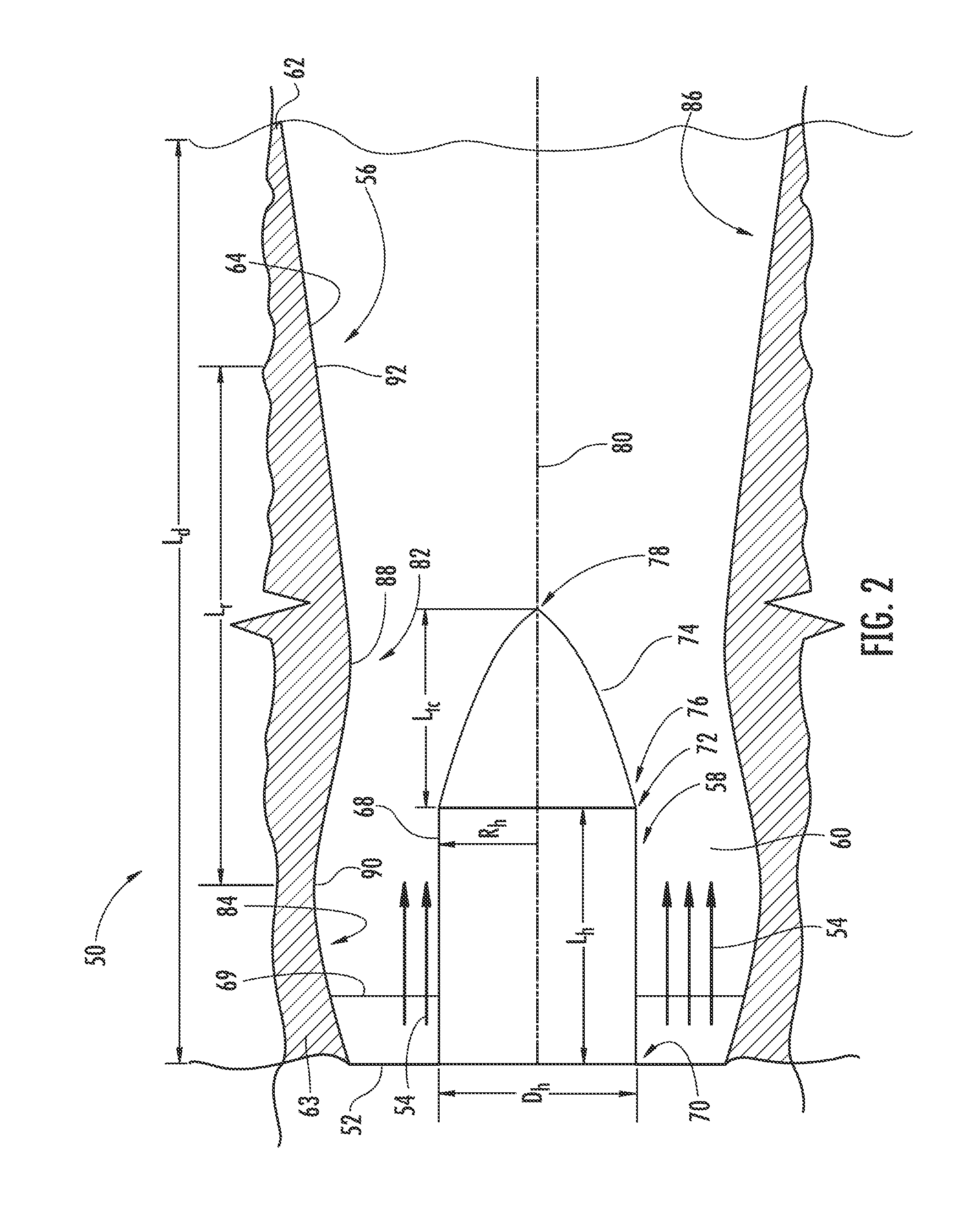 Turbine exhaust diffuser with region of reduced flow area and outer boundary gas flow