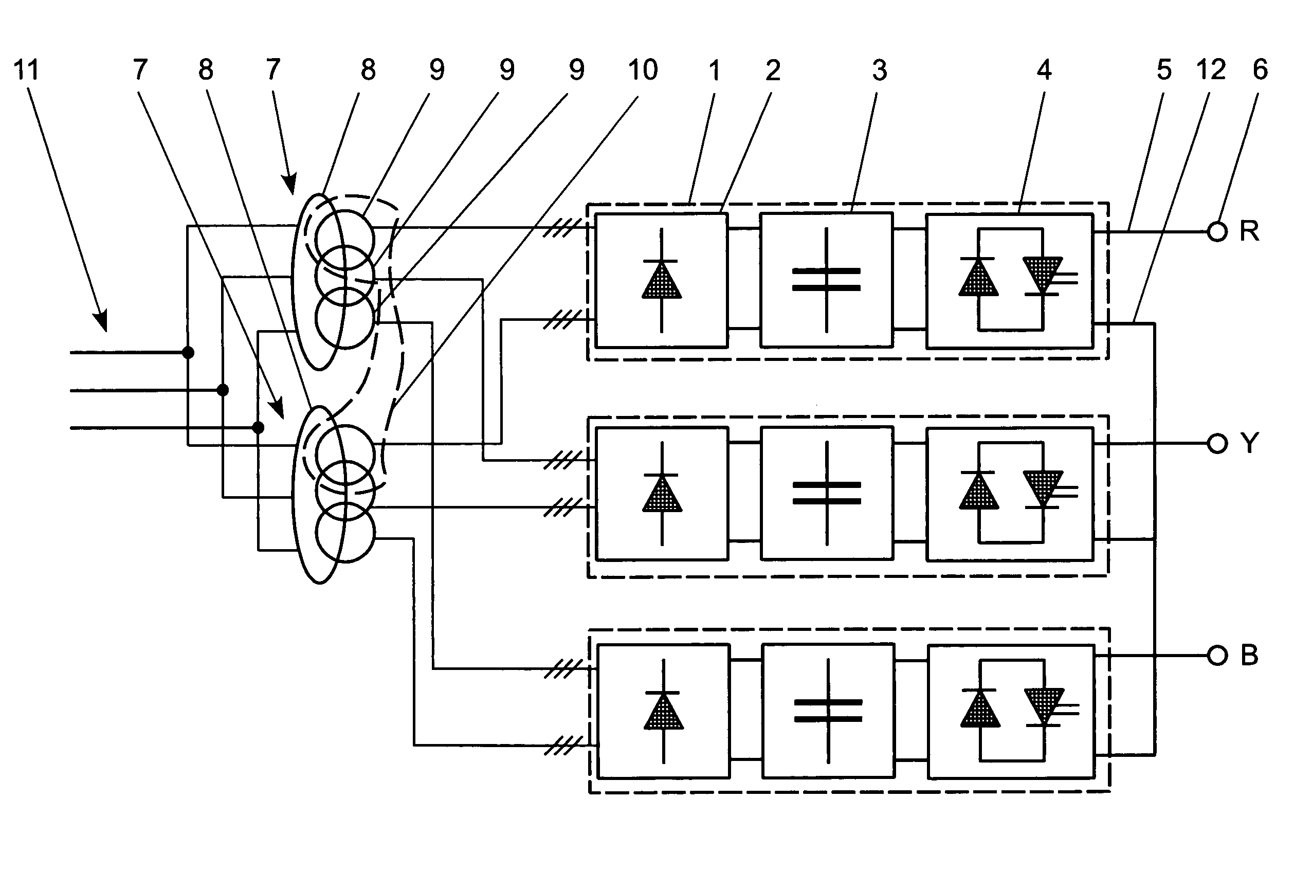 Low-harmonics, polyphase converter circuit