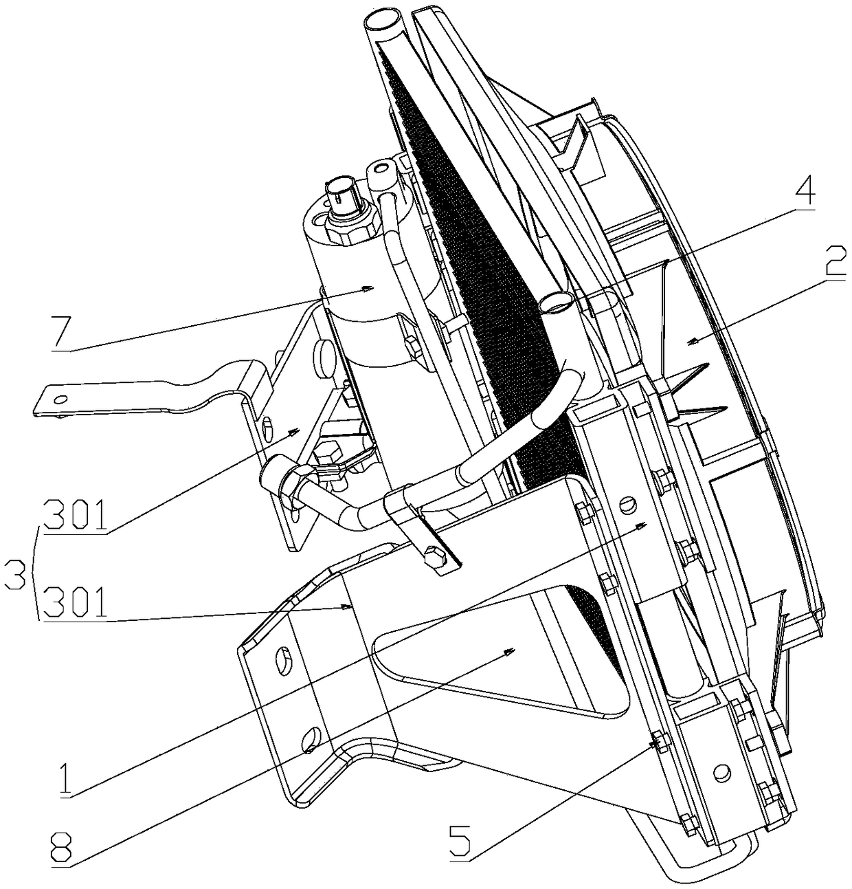 Method for fixing connectors to vehicle body connecting frame and fixing draught fan to condenser