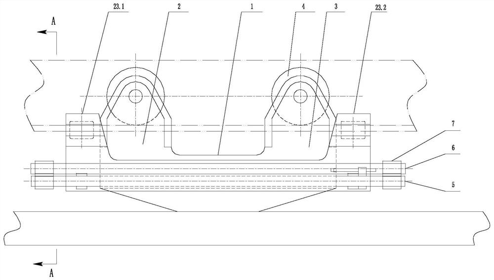 A suspension friction conveyor transport trolley guide device