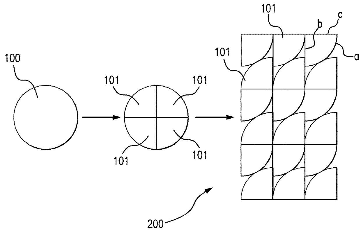 Space-qualified solar cell assembly comprising space-qualified solar cells shaped as a portion of a circle