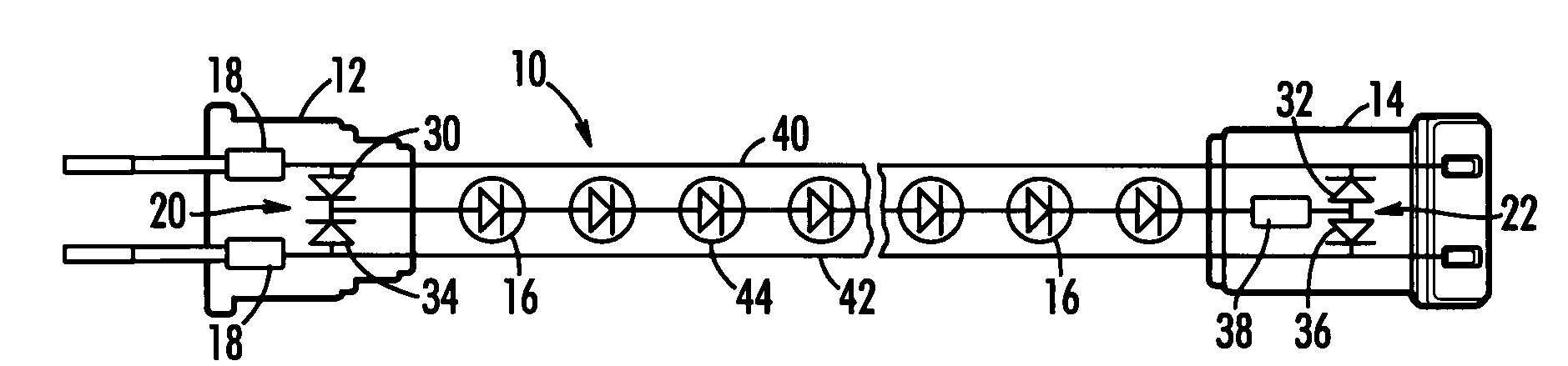 LED light string with split bridge rectifier and thermistor fuse